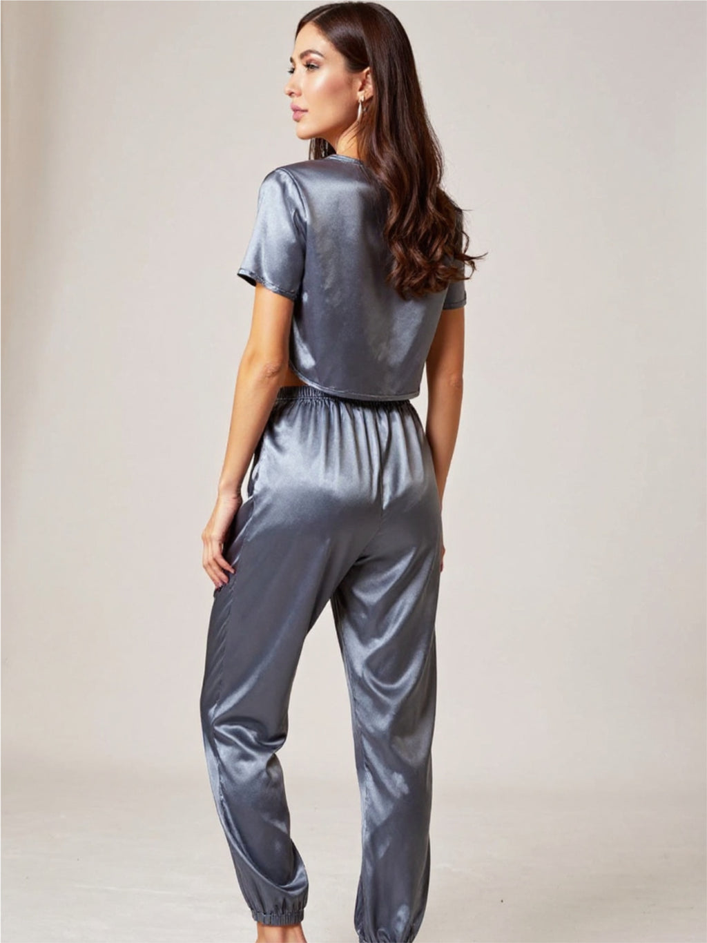 Satin Short Sleeve Crop Top & Joggers Pajama Set