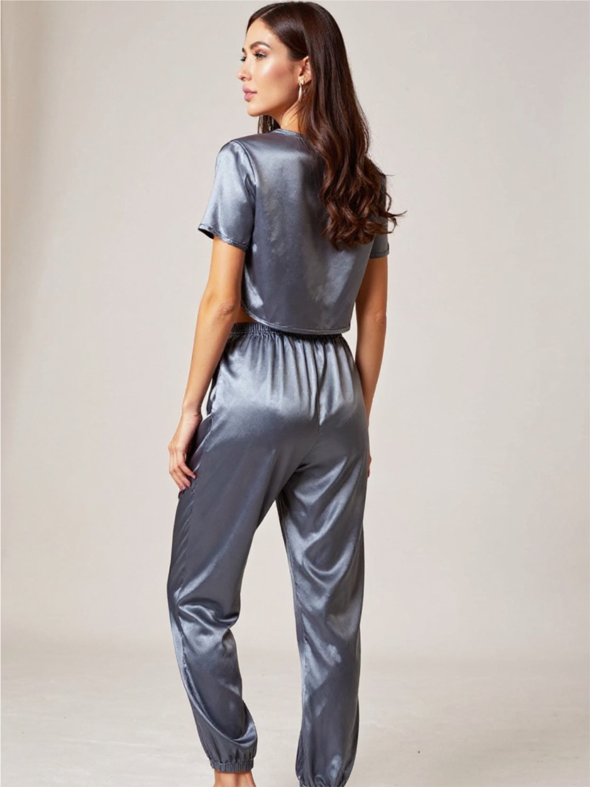 Satin Short Sleeve Crop Top & Joggers Pajama Set