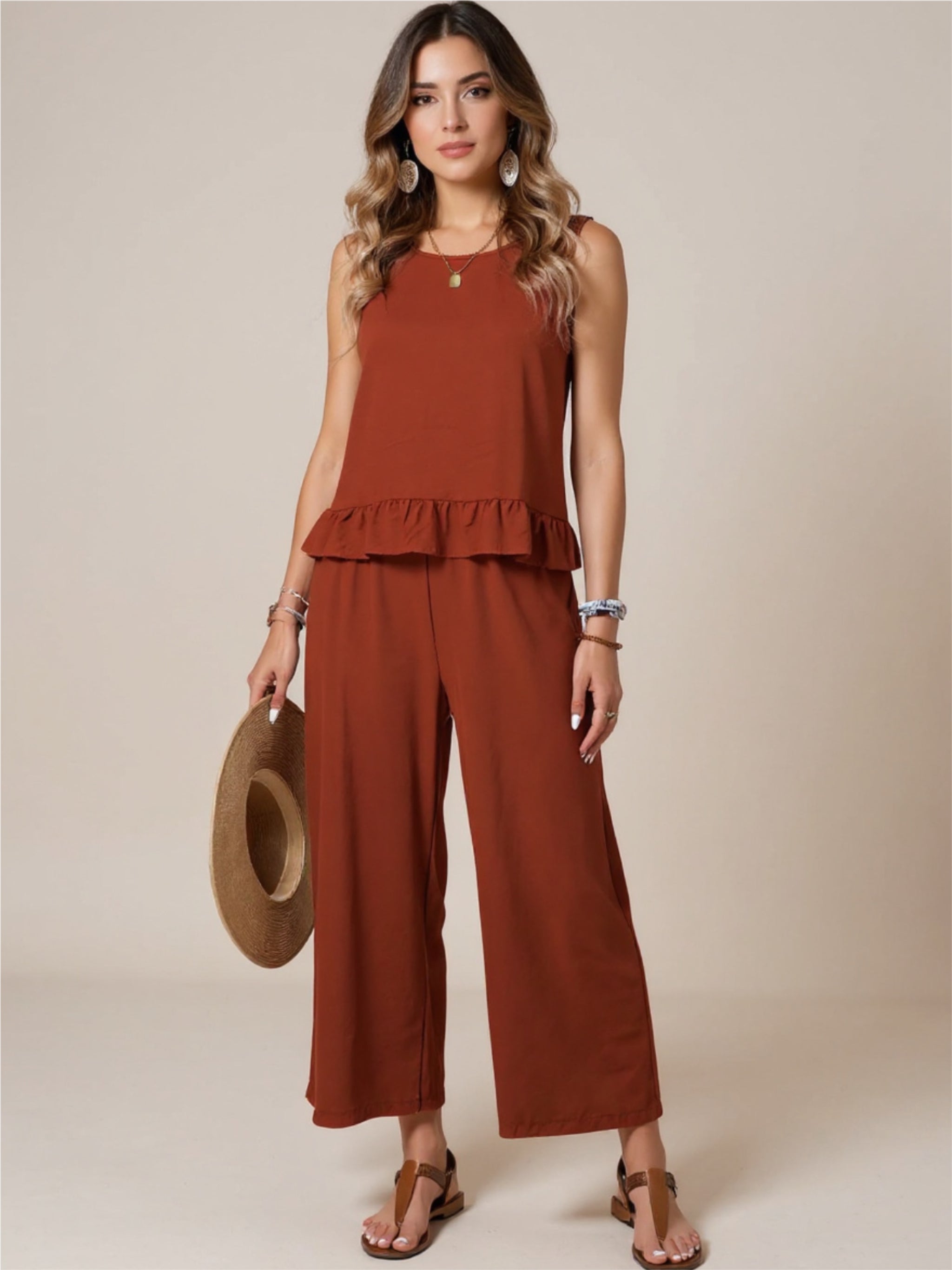 Rust Ruffled Round Neck Top & Wide Leg Pants Set