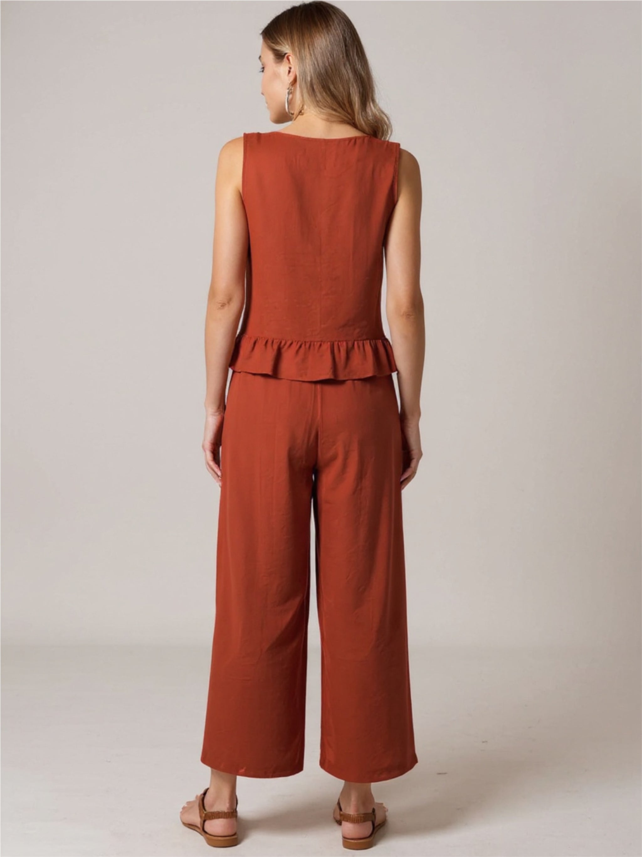 Rust Ruffled Round Neck Top & Wide Leg Pants Set