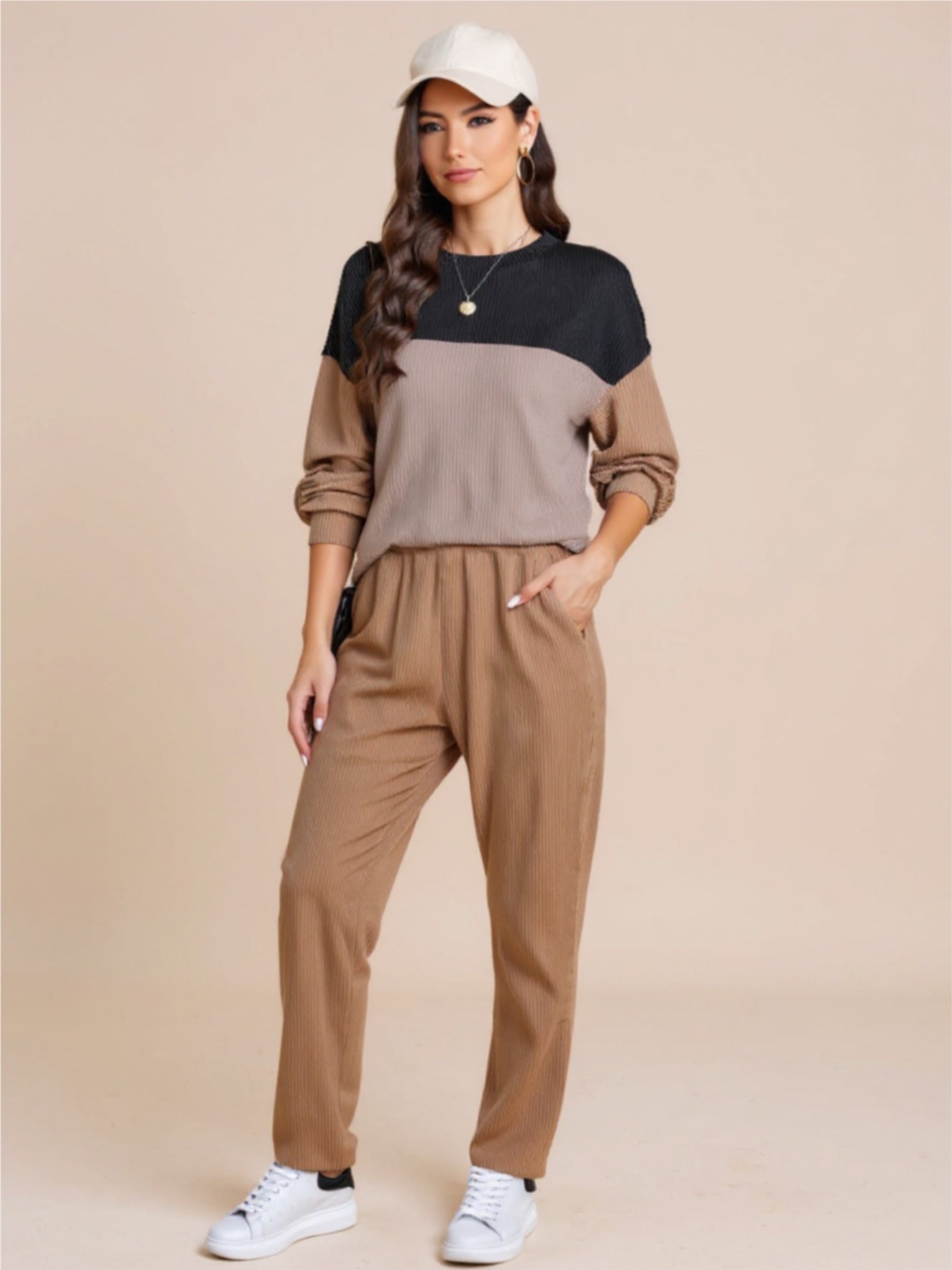 Color Block Dropped Shoulder Top & Pants Set