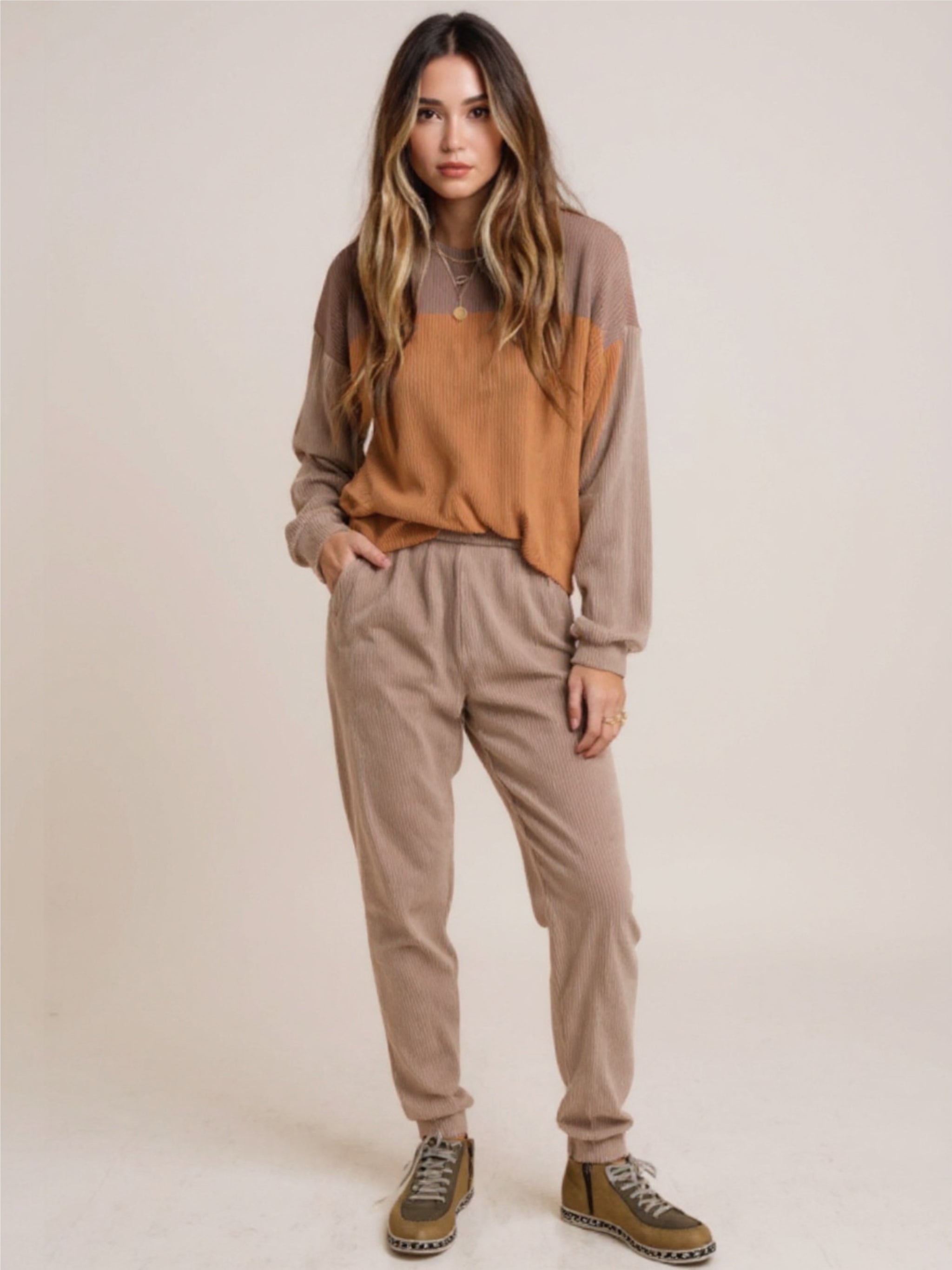 Color Block Dropped Shoulder Top & Pants Set