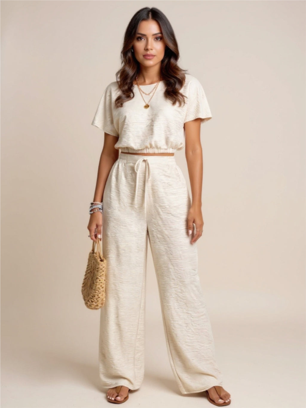Round Neck Short Sleeve Top & Pants Set
