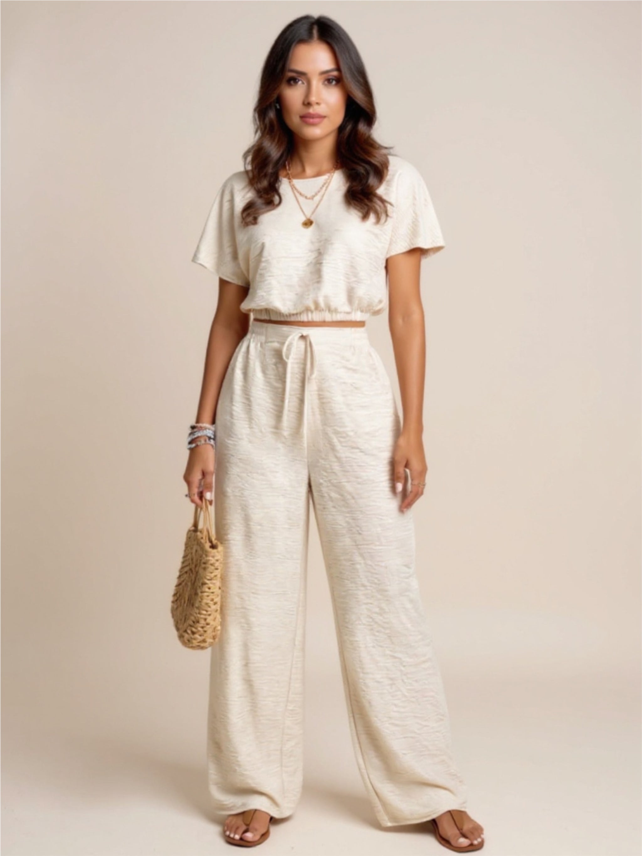 Round Neck Short Sleeve Top & Pants Set