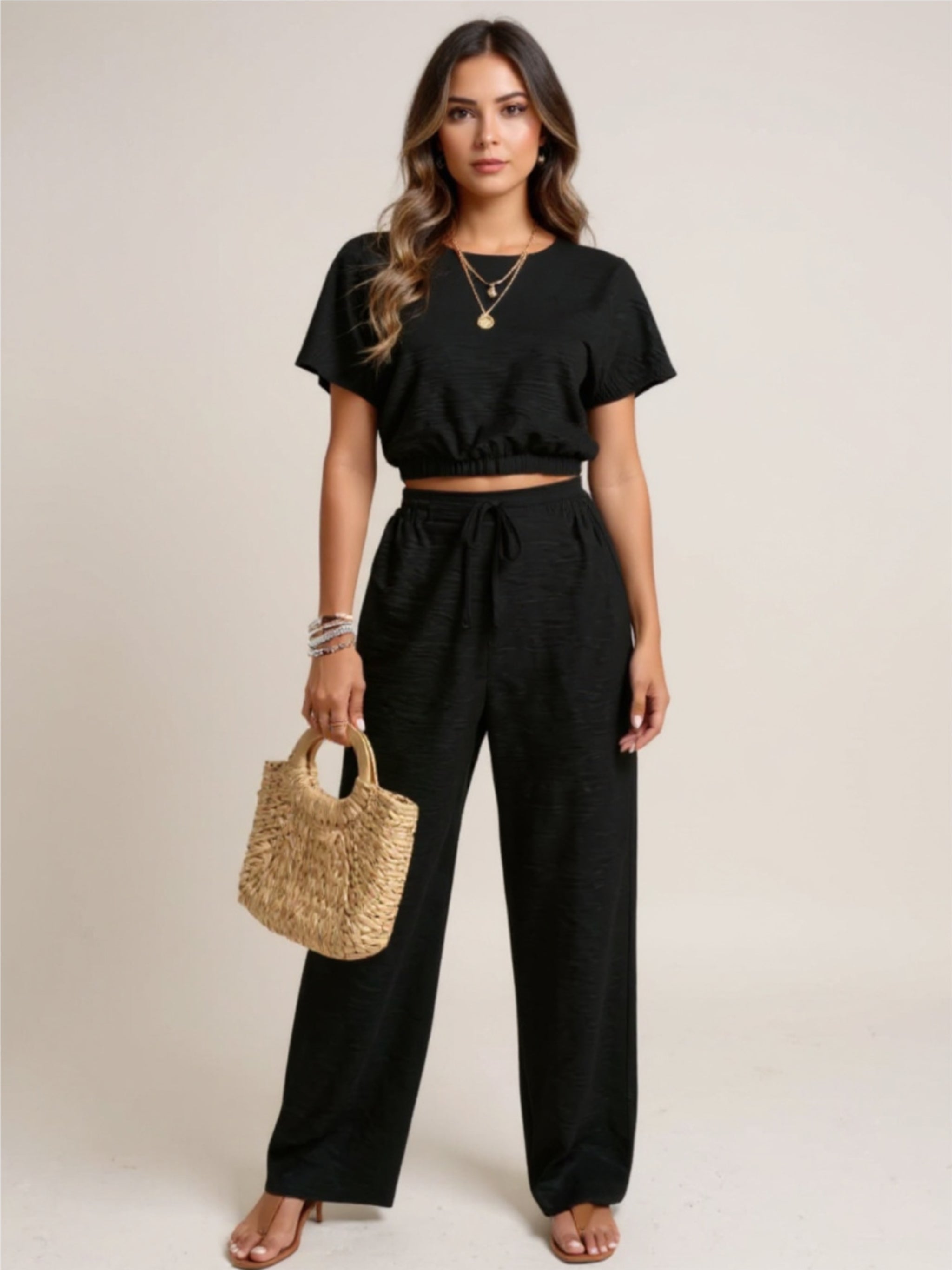 Round Neck Short Sleeve Top & Pants Set