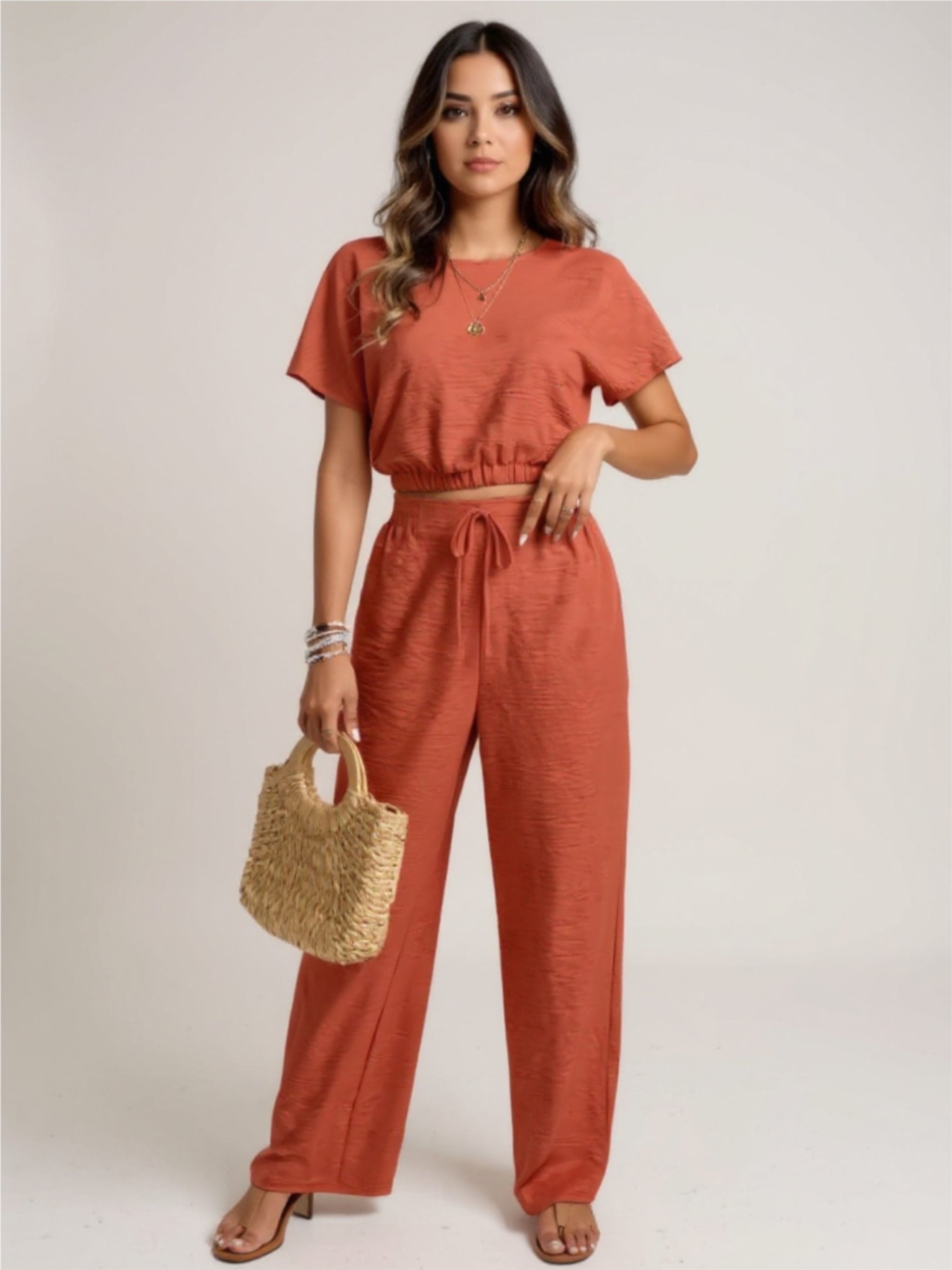 Round Neck Short Sleeve Top & Pants Set