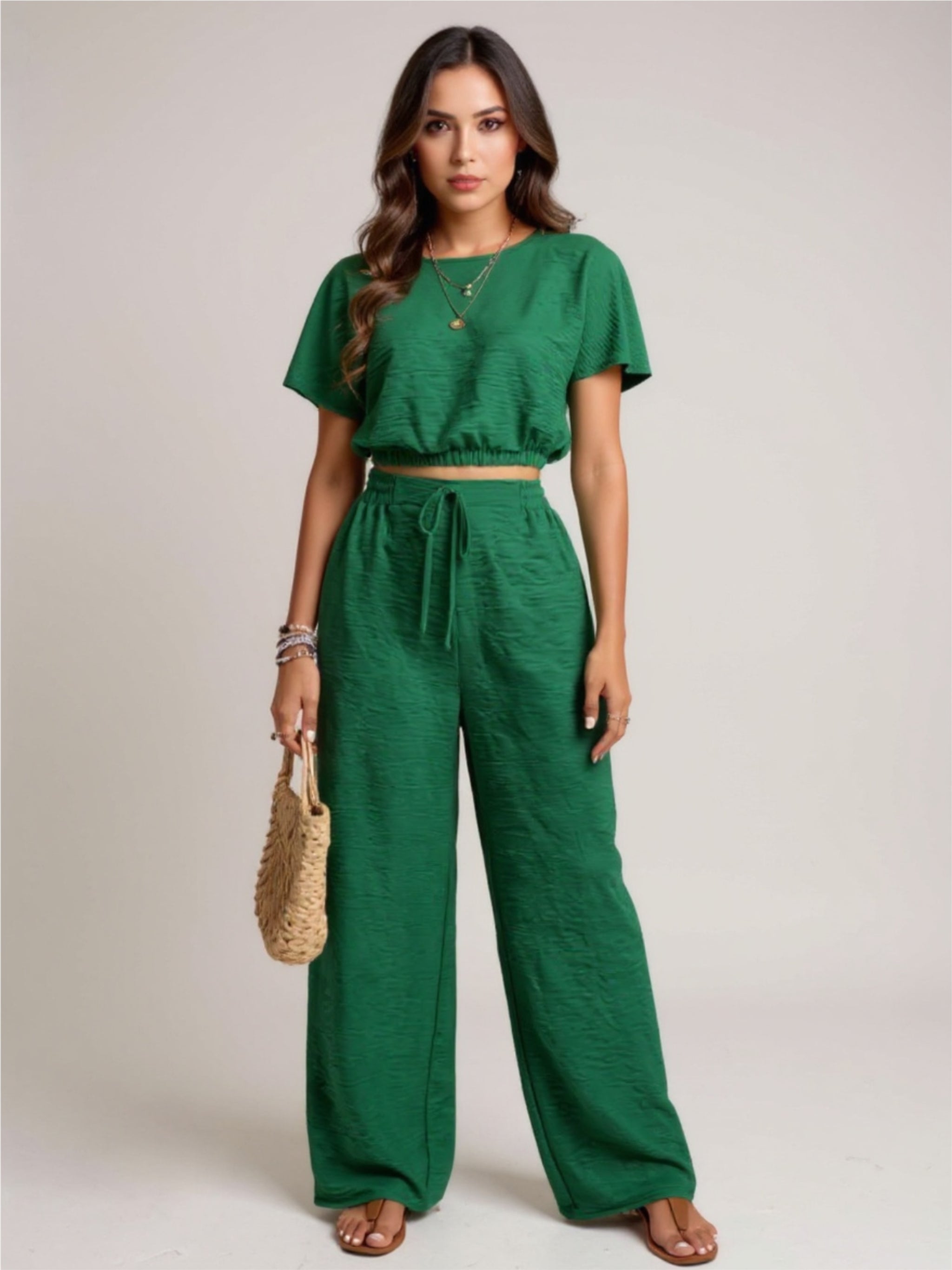 Round Neck Short Sleeve Top & Pants Set