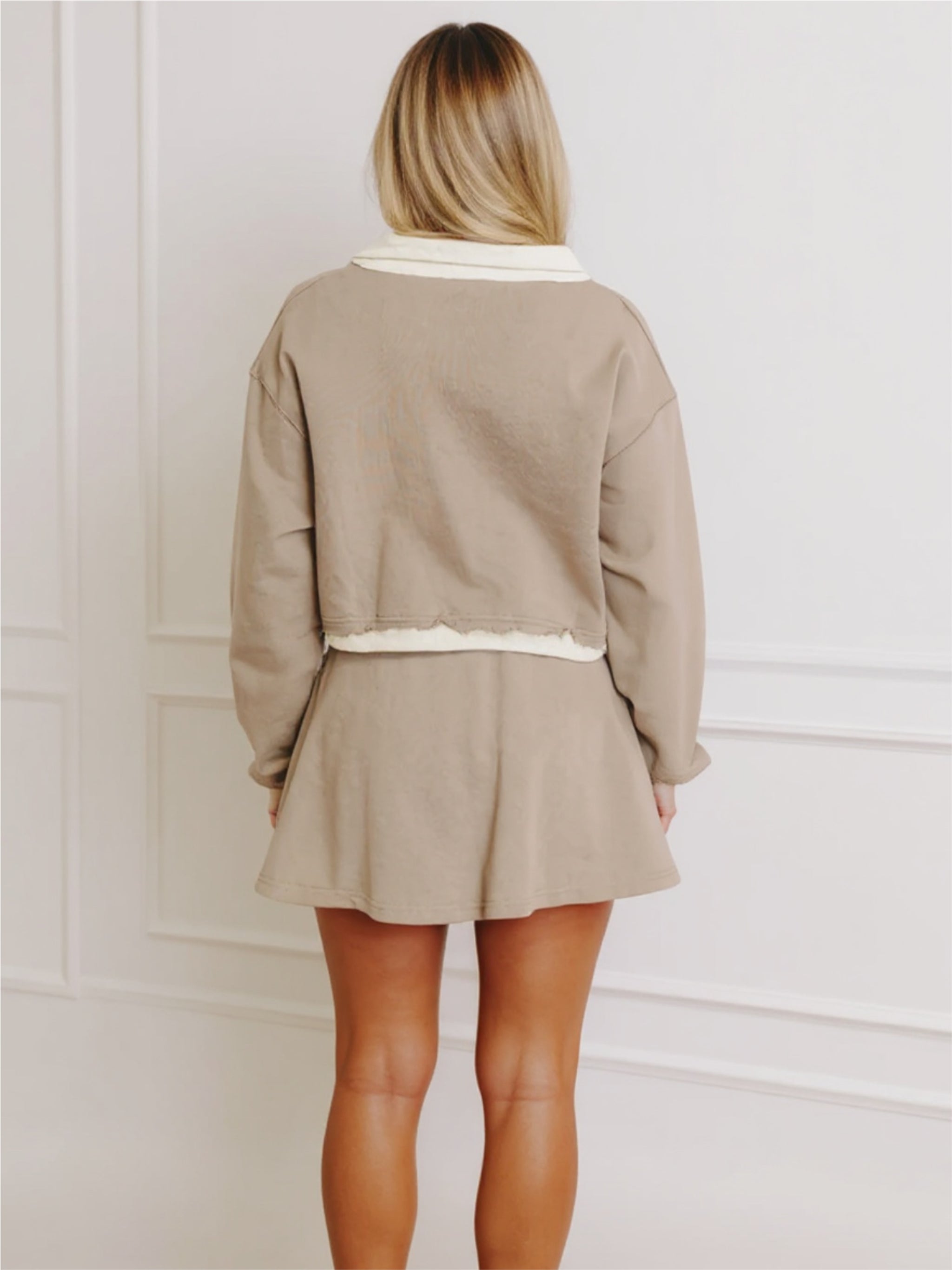 Contrast Collared Neck Top & Drawstring Mini Skirt Set