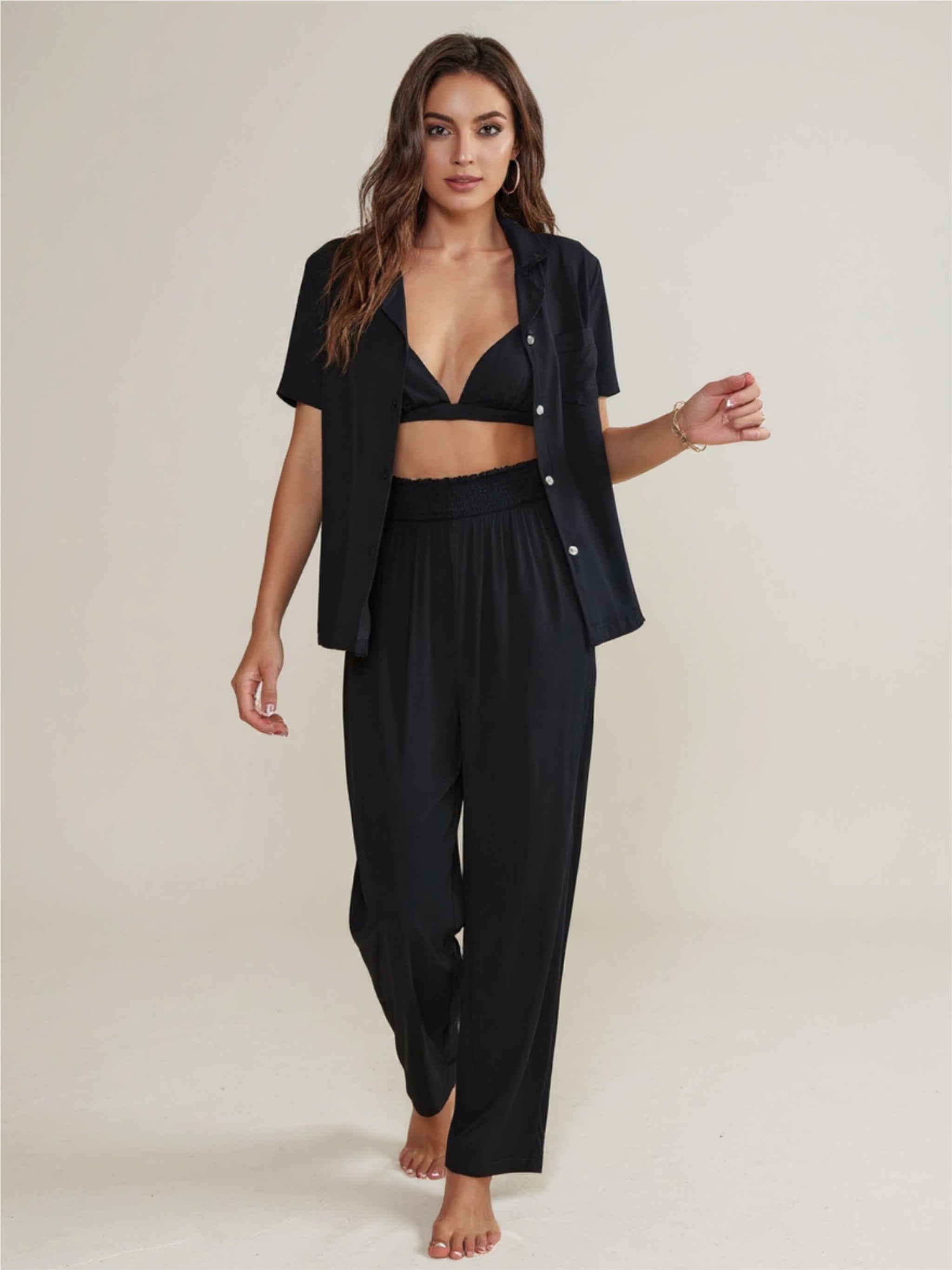 Black Short Sleeve Shirt, Bralette, & Pants Pajama Set