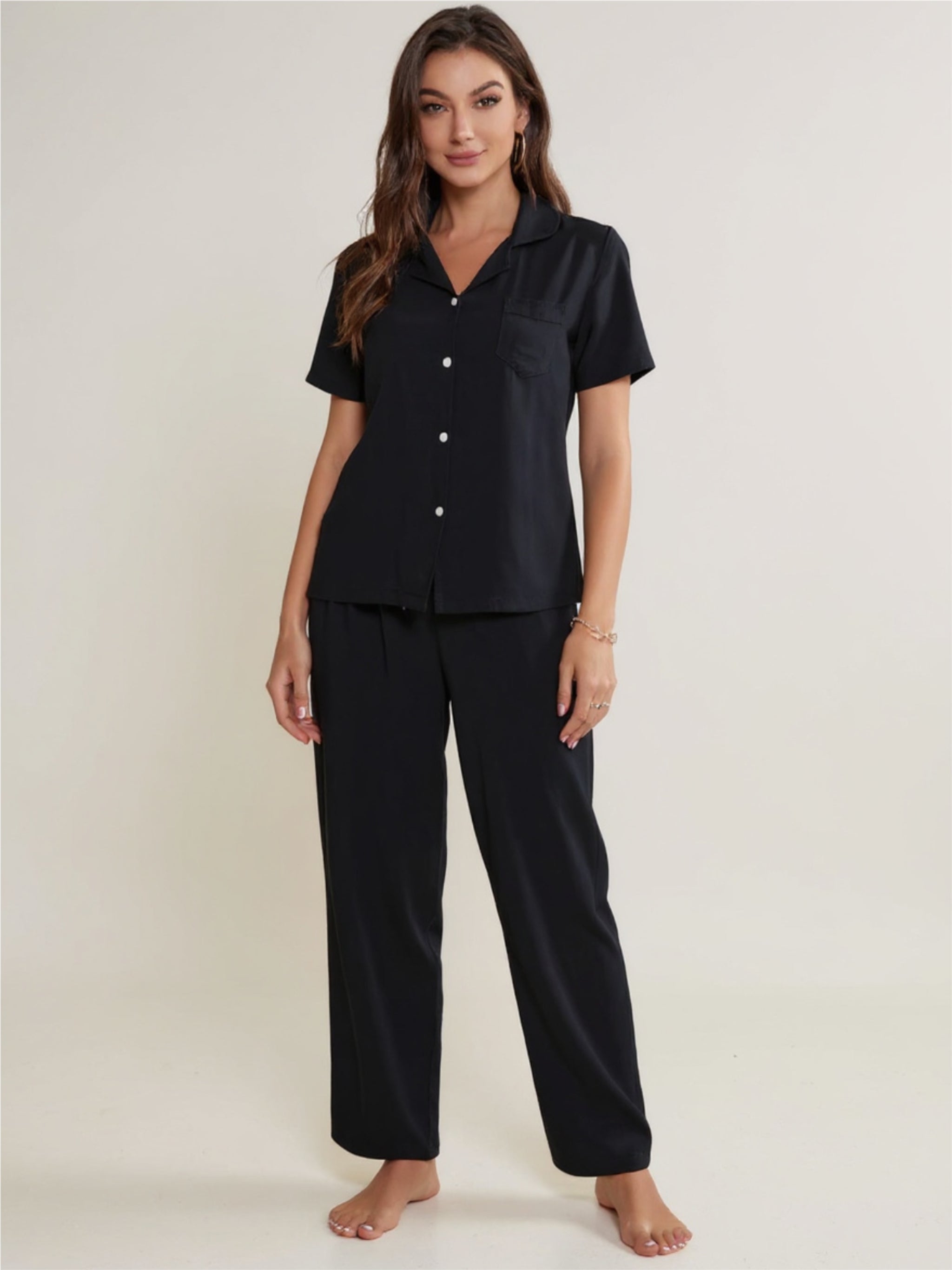 Black Short Sleeve Shirt, Bralette, & Pants Pajama Set
