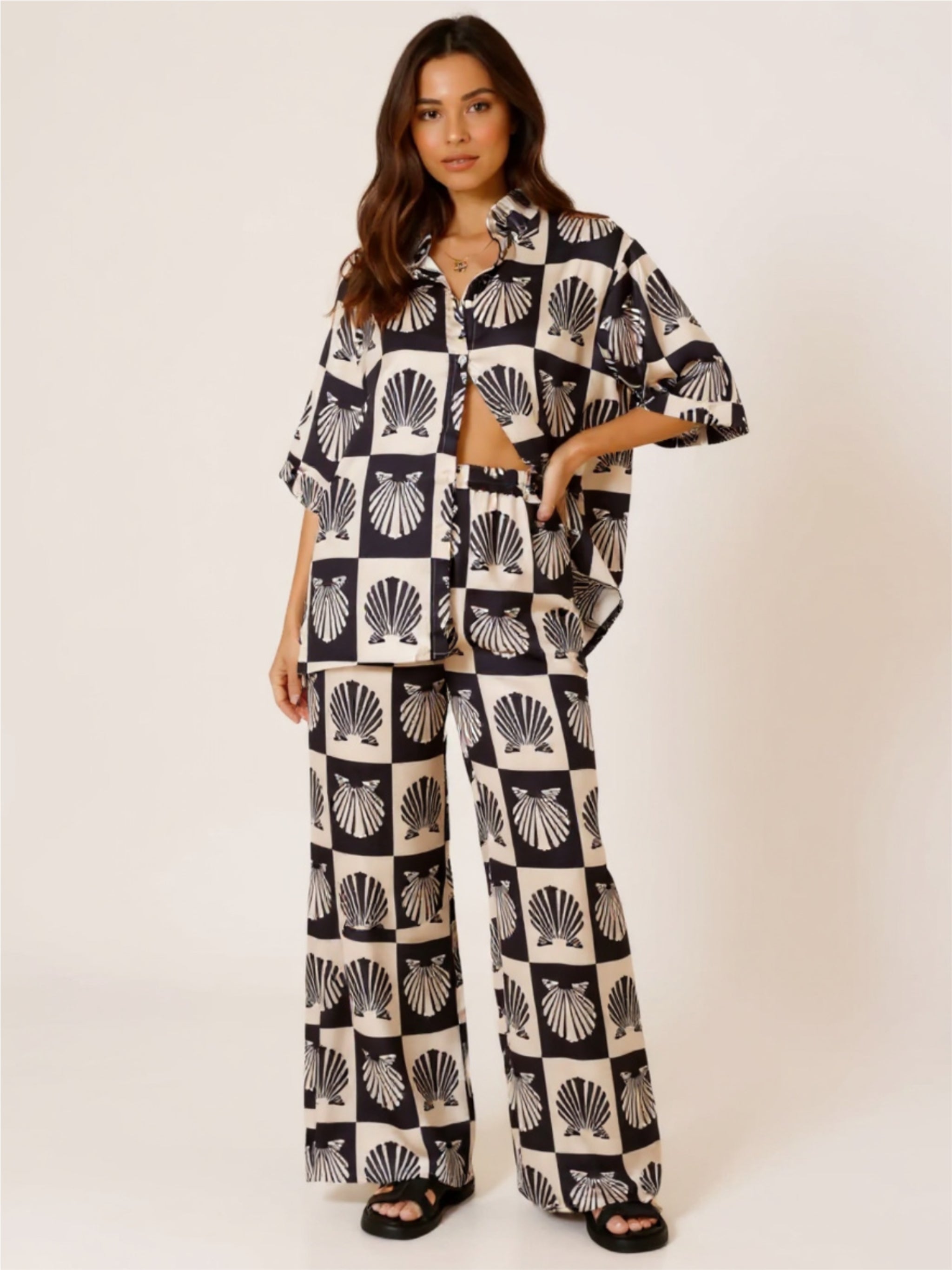 Printed Collared Neck Top & Wide Leg Pants Set