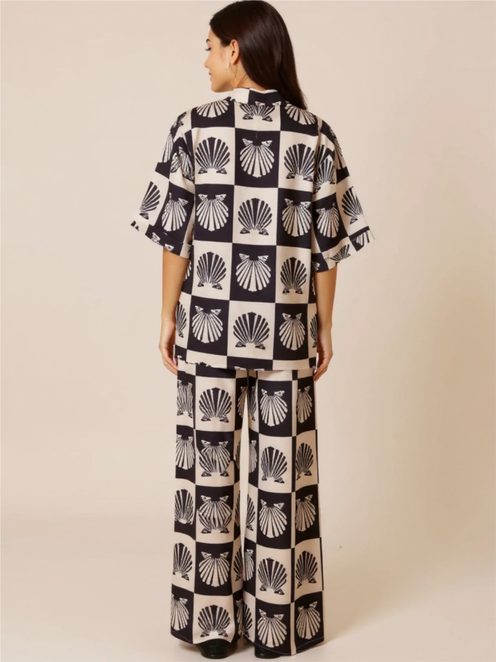 Printed Collared Neck Top & Wide Leg Pants Set