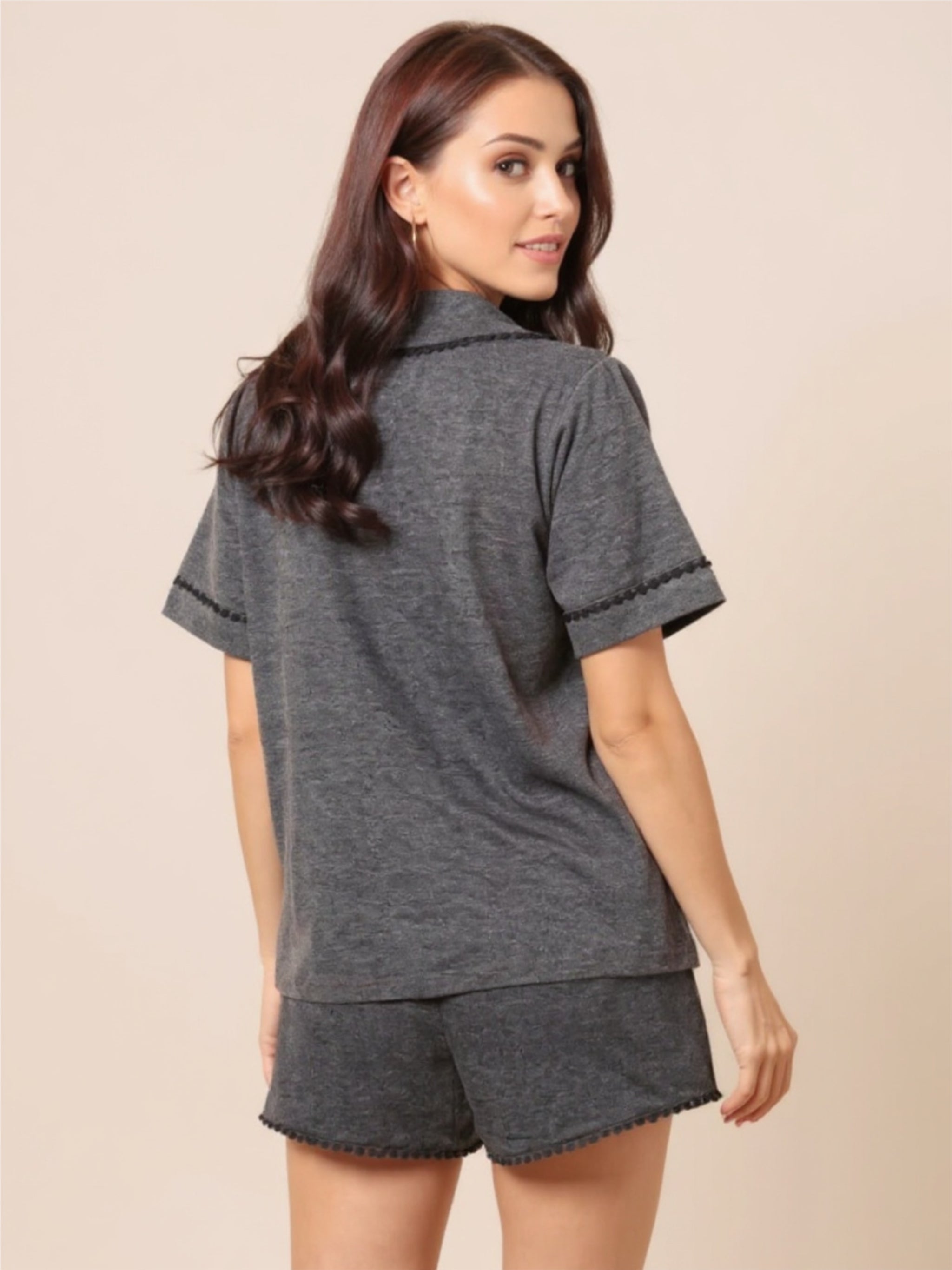 Gray Pocketed Short Sleeve Top & Shorts Pajama Set