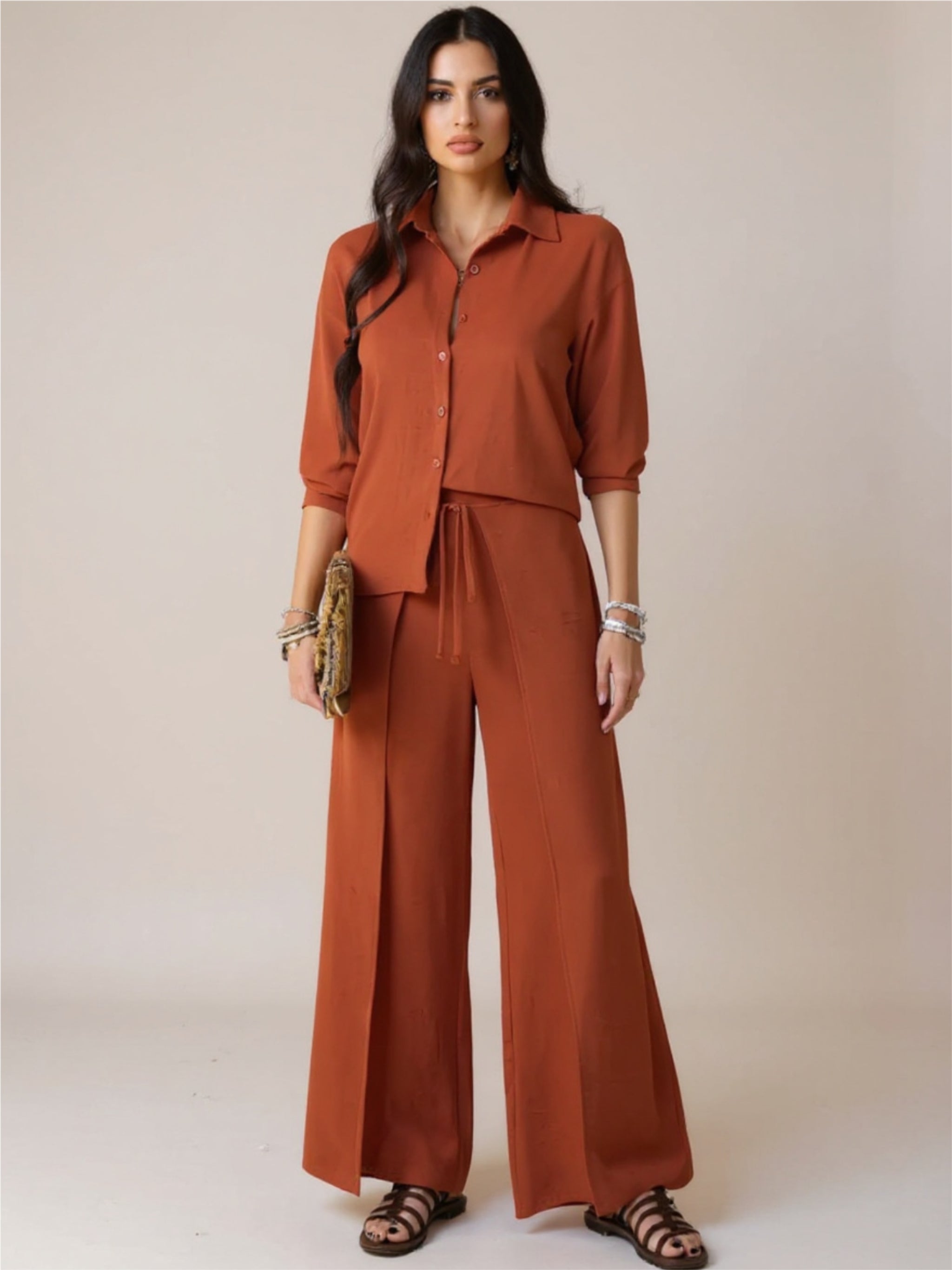 Button Down Long Sleeve Top & Wide Leg Pants Set