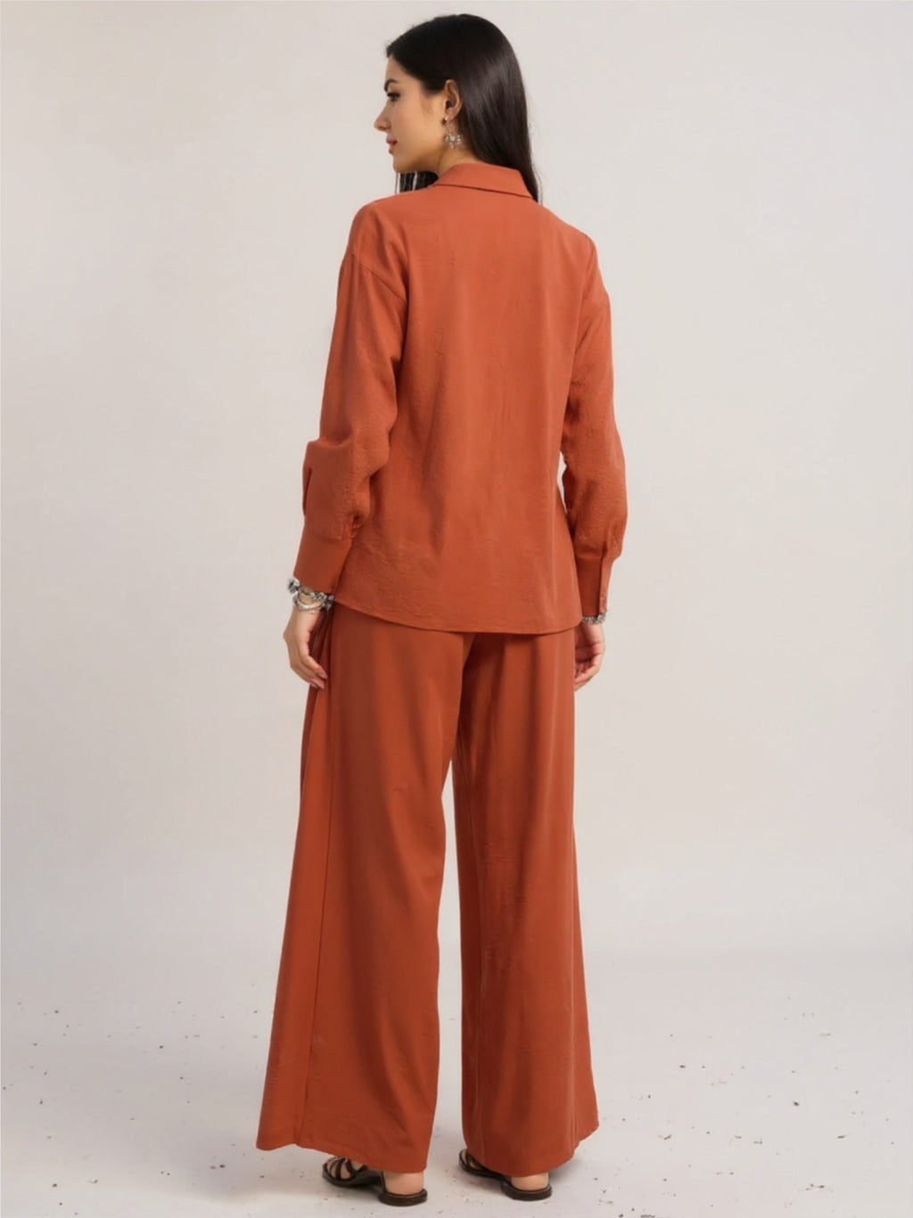Button Down Long Sleeve Top & Wide Leg Pants Set