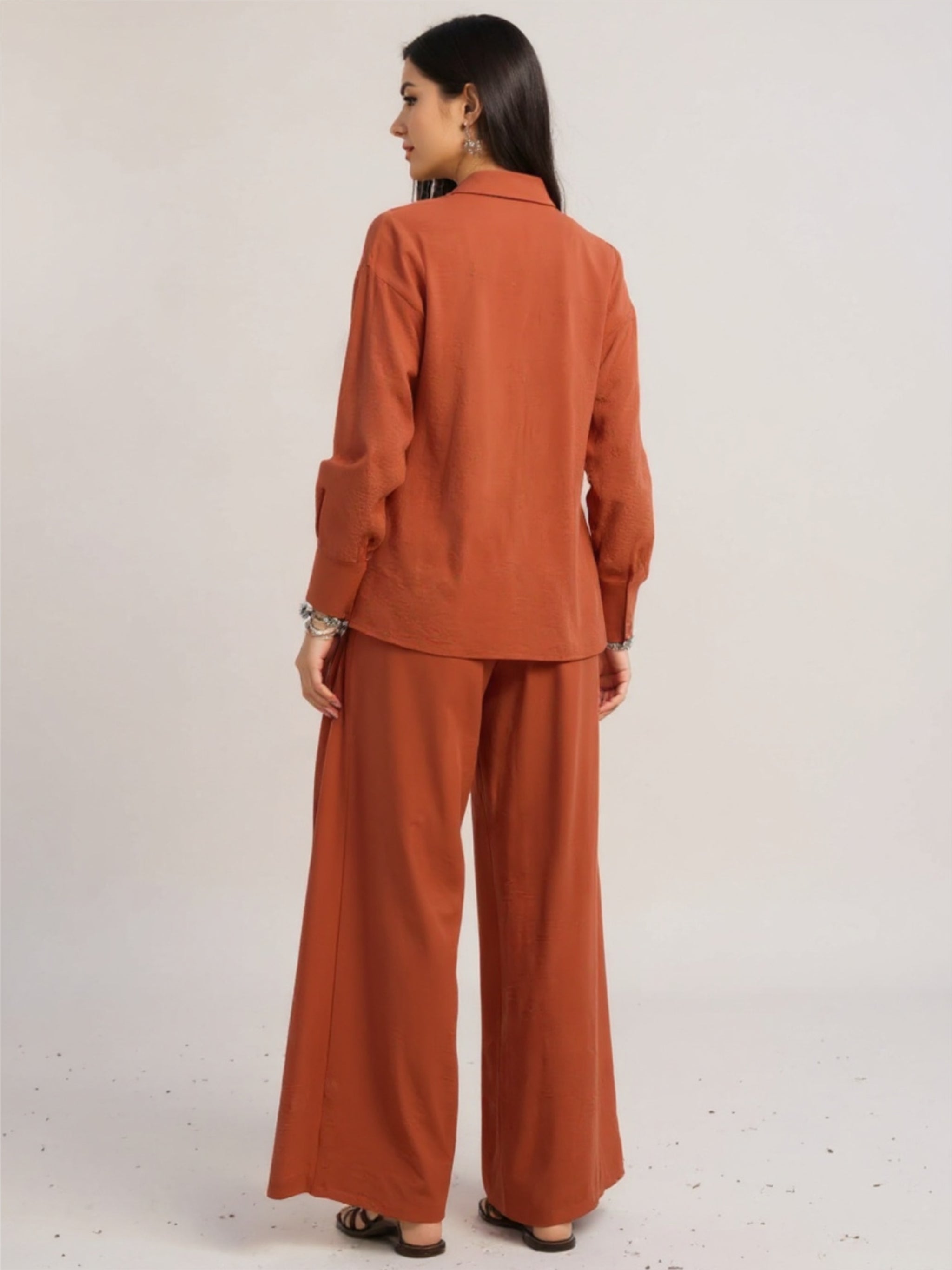 Button Down Long Sleeve Top & Wide Leg Pants Set