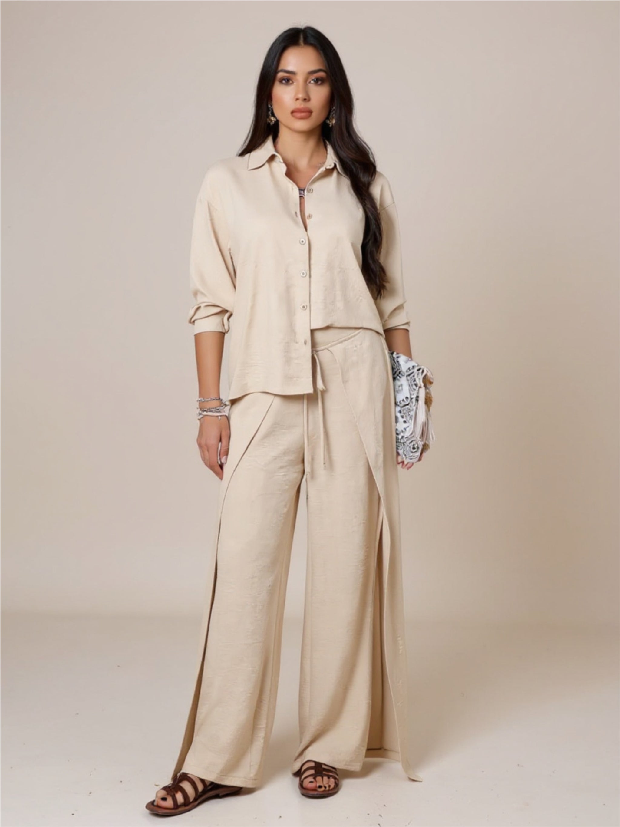 Button Down Long Sleeve Top & Wide Leg Pants Set