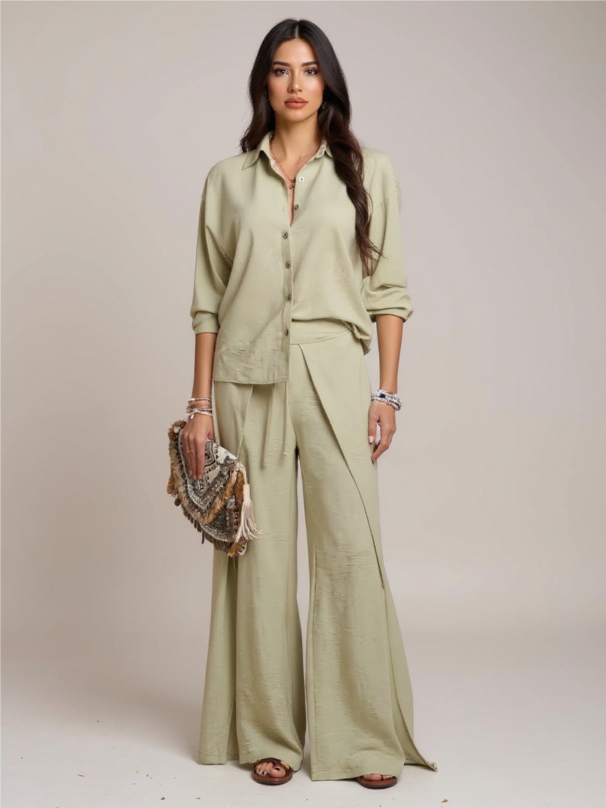 Button Down Long Sleeve Top & Wide Leg Pants Set