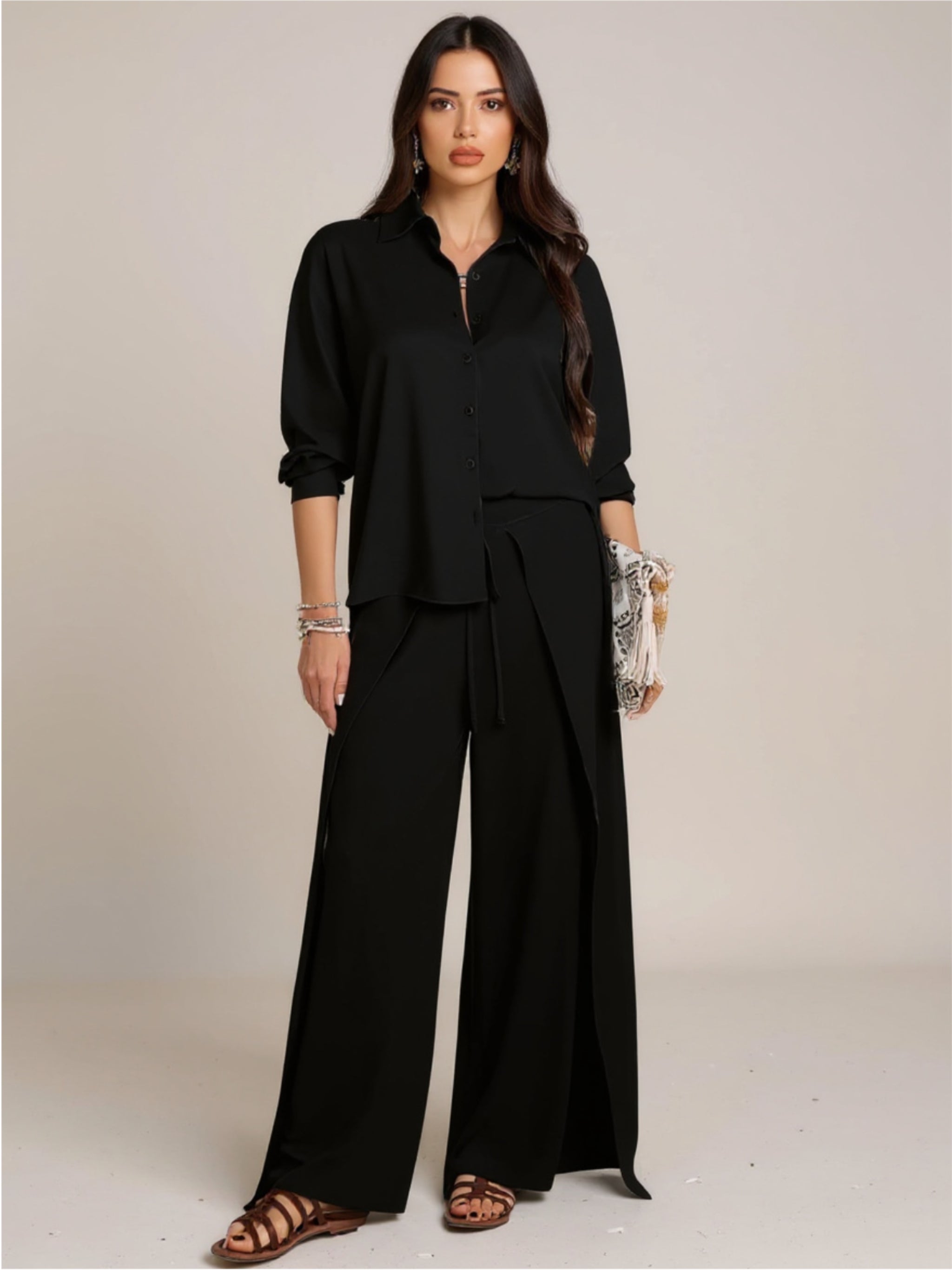 Button Down Long Sleeve Top & Wide Leg Pants Set
