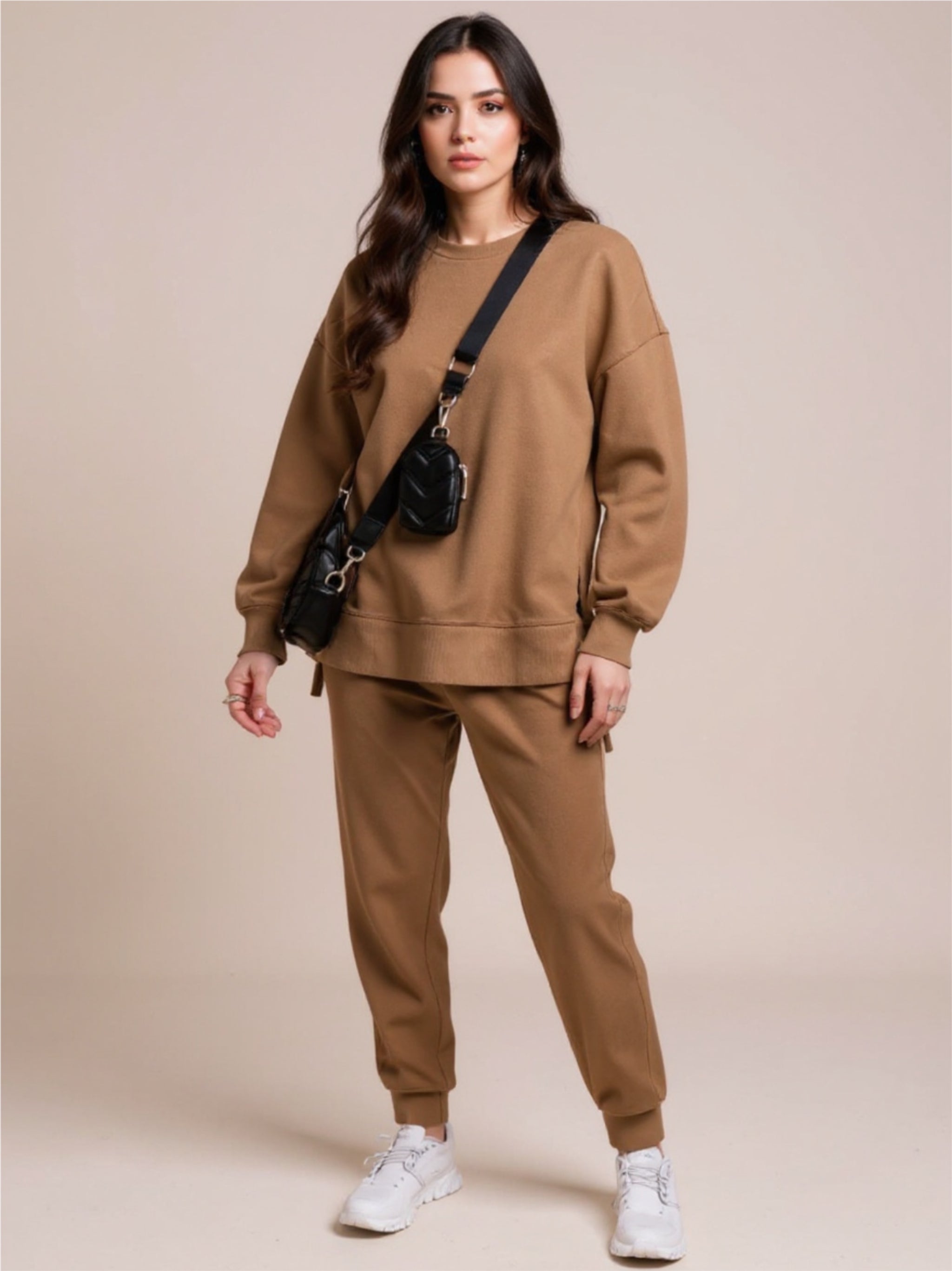 Side Slit Round Neck Long Sleeve Top & Pants Set