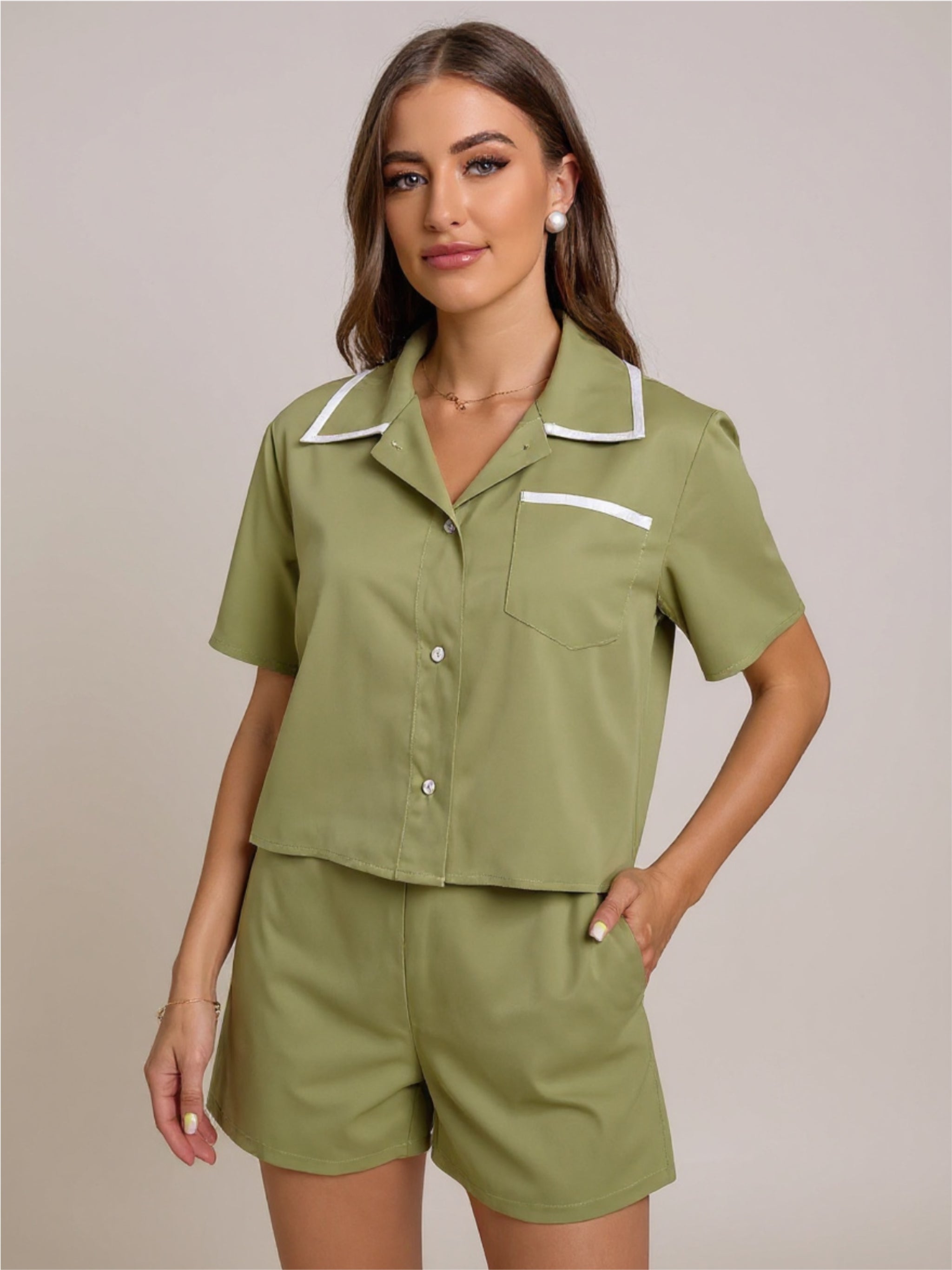 Green Short Sleeve Shirt & Shorts Pajama Set