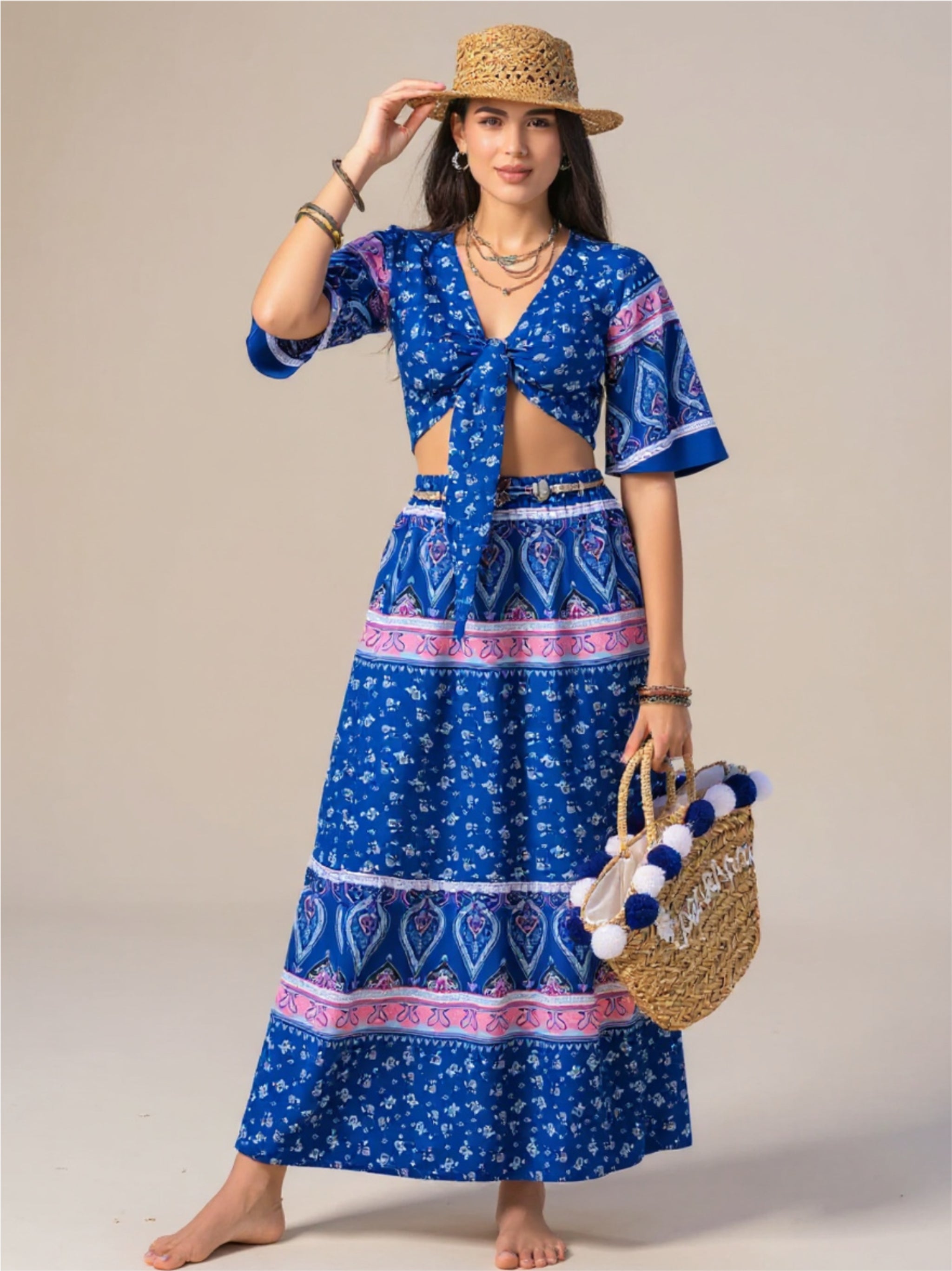 Blue Flutter Sleeve Top & Skirt Set