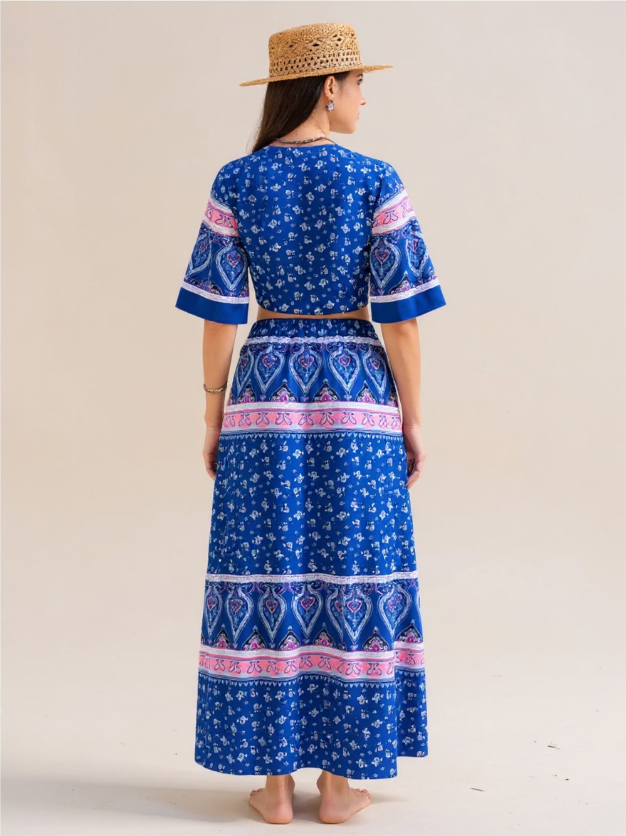 Blue Flutter Sleeve Top & Skirt Set