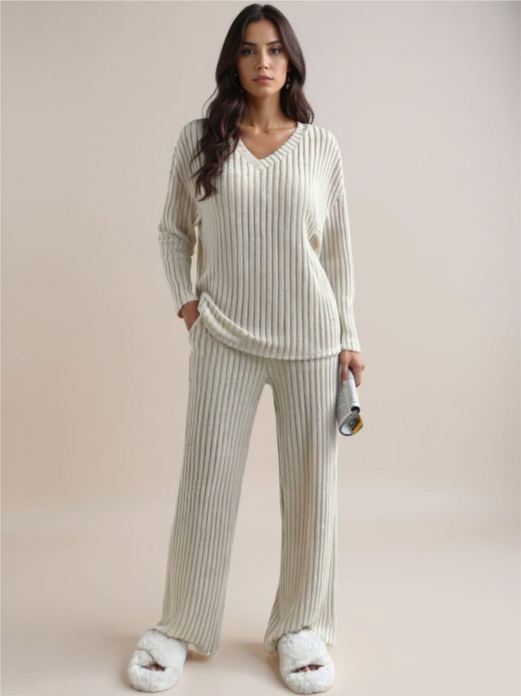 Tan Ribbed Knit V-Neck Top & Pants Lounge Set