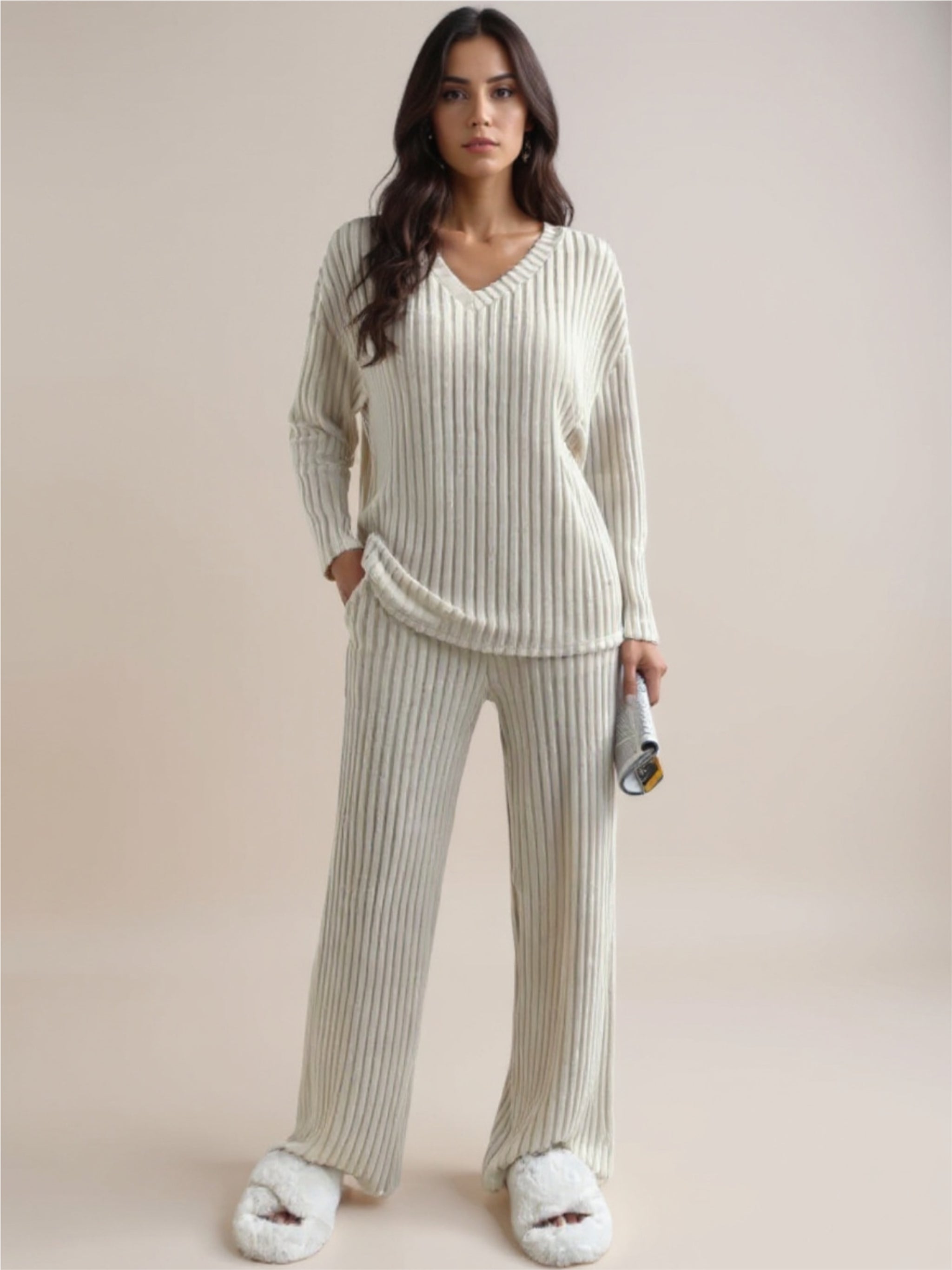 Tan Ribbed Knit V-Neck Top & Pants Lounge Set