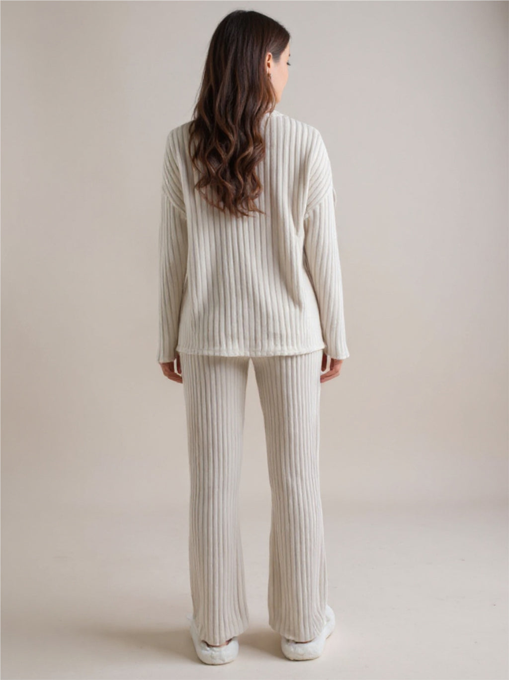 Tan Ribbed Knit V-Neck Top & Pants Lounge Set