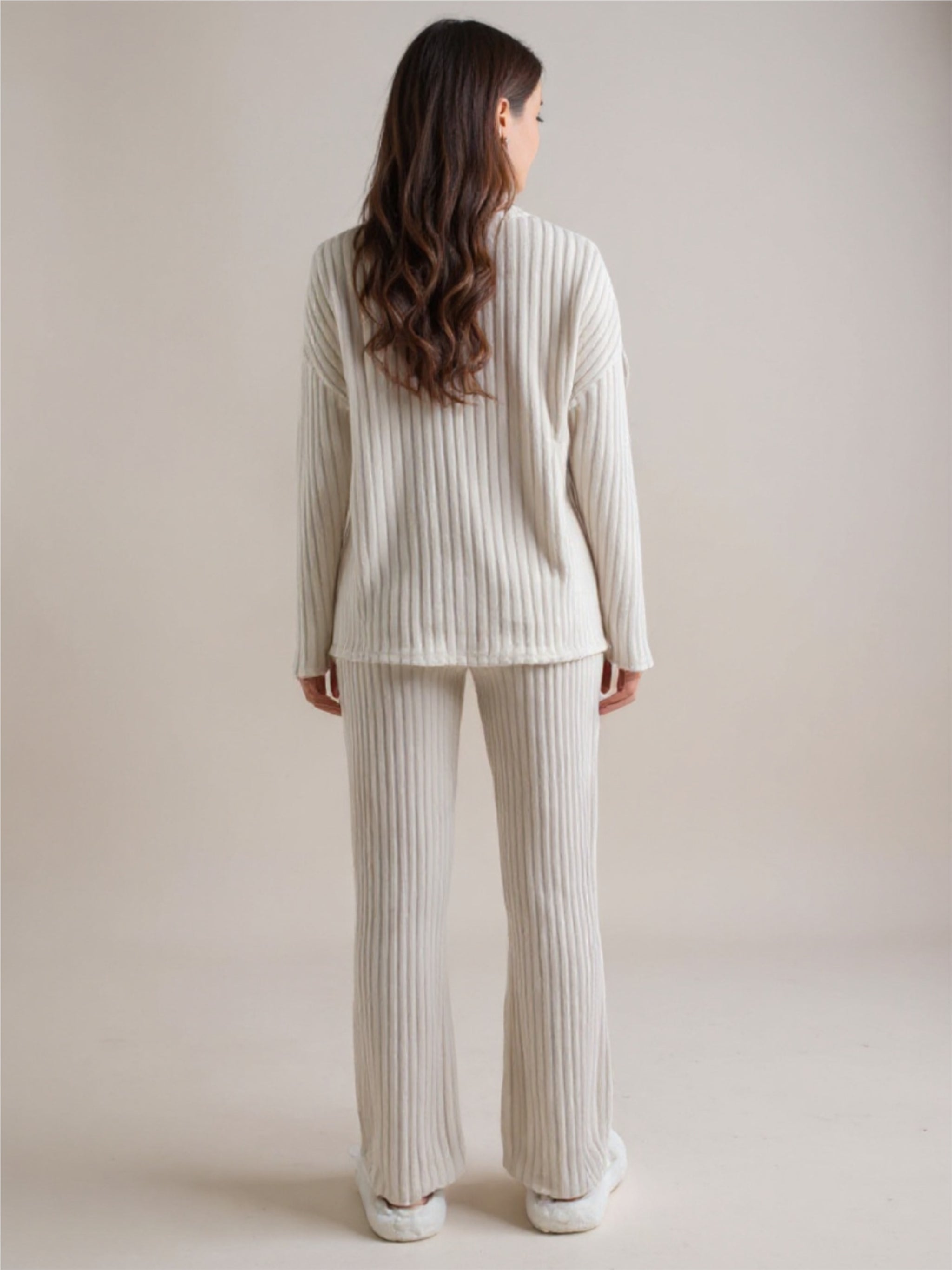 Tan Ribbed Knit V-Neck Top & Pants Lounge Set