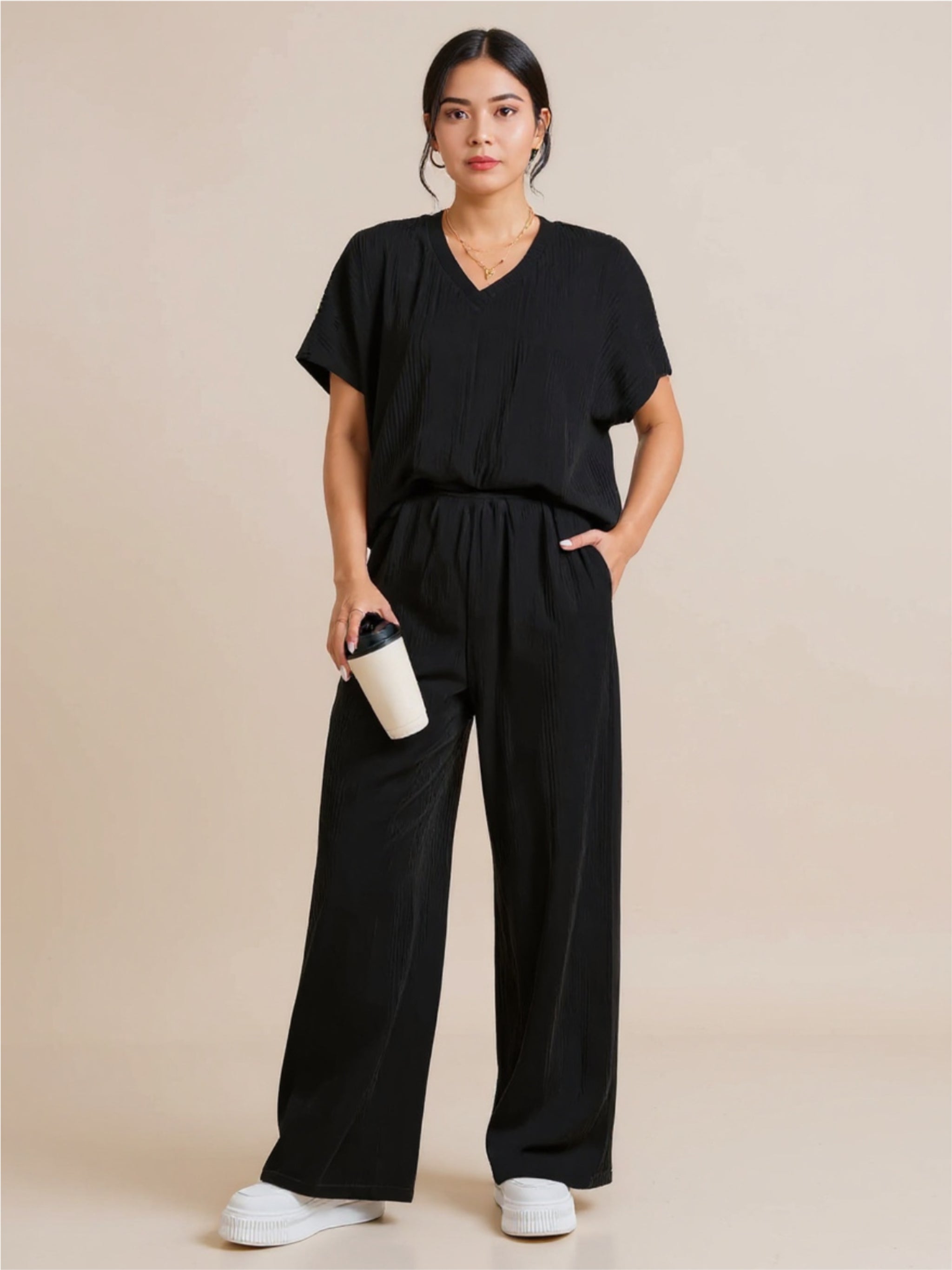 Black V-Neck Short Sleeve Top & Pants Set