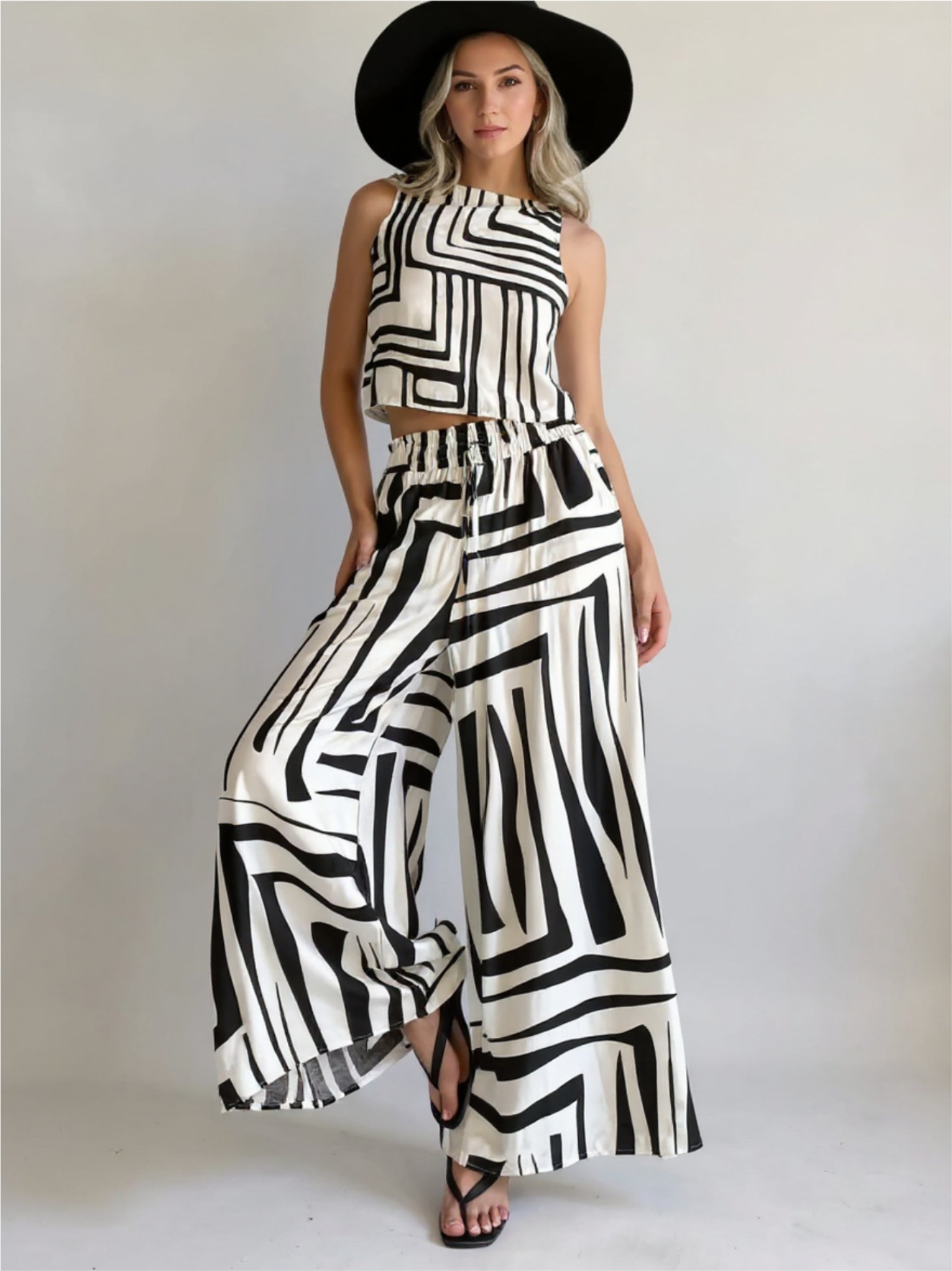 Geometric Print Sleeveless Top & Wide Leg Pants Set