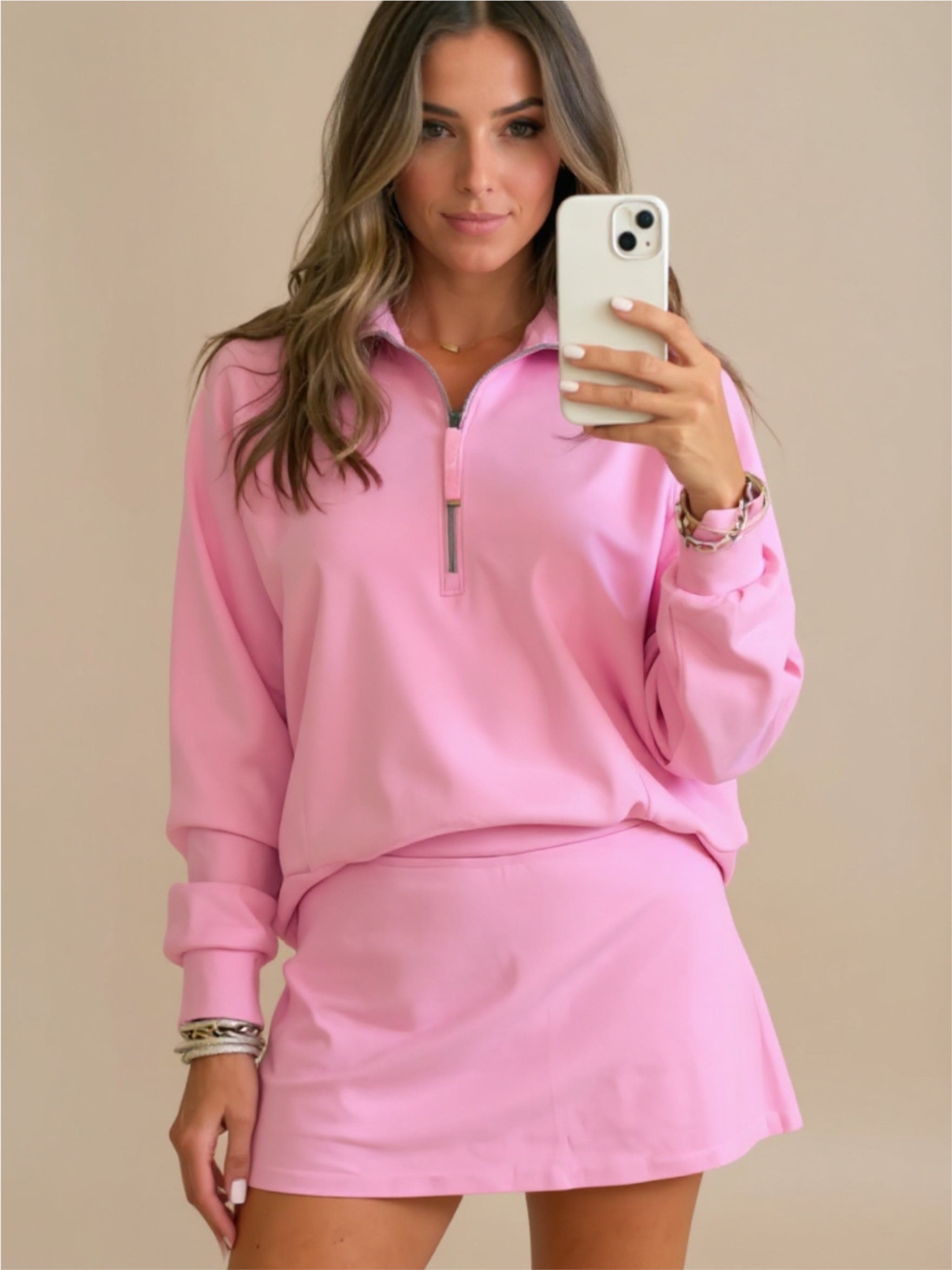 Pink Half Zip Long Sleeve Top & Skirt Set