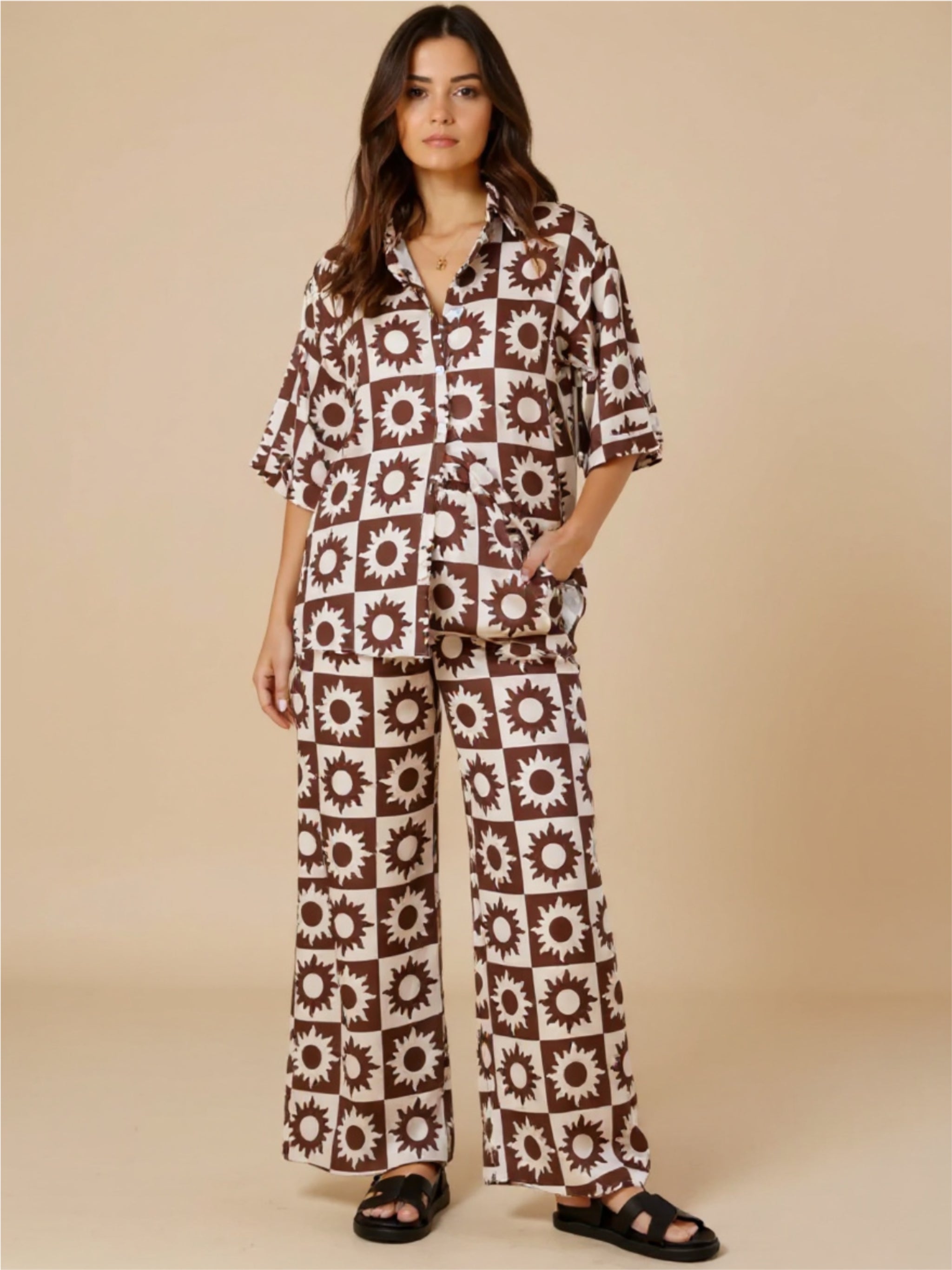 Brown Printed Collared Neck Top & Pants Set