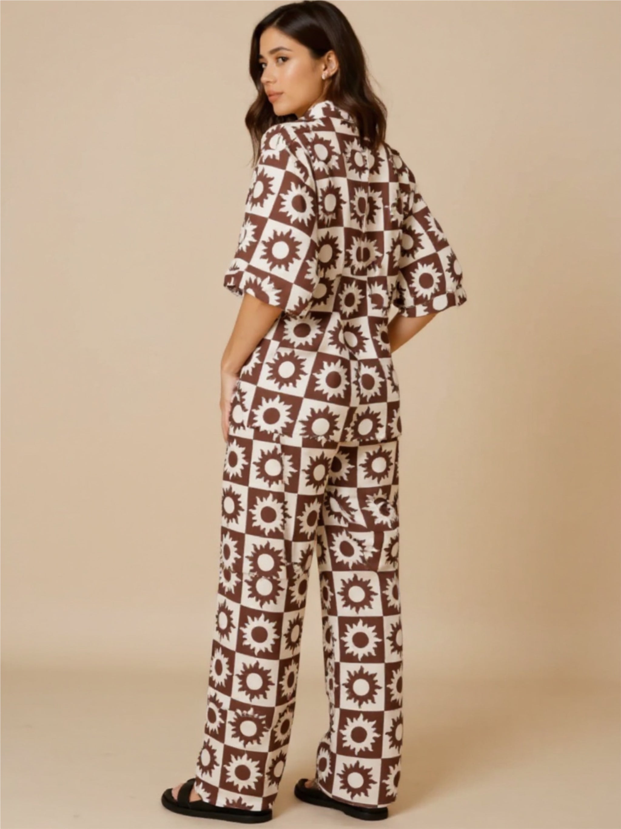Brown Printed Collared Neck Top & Pants Set
