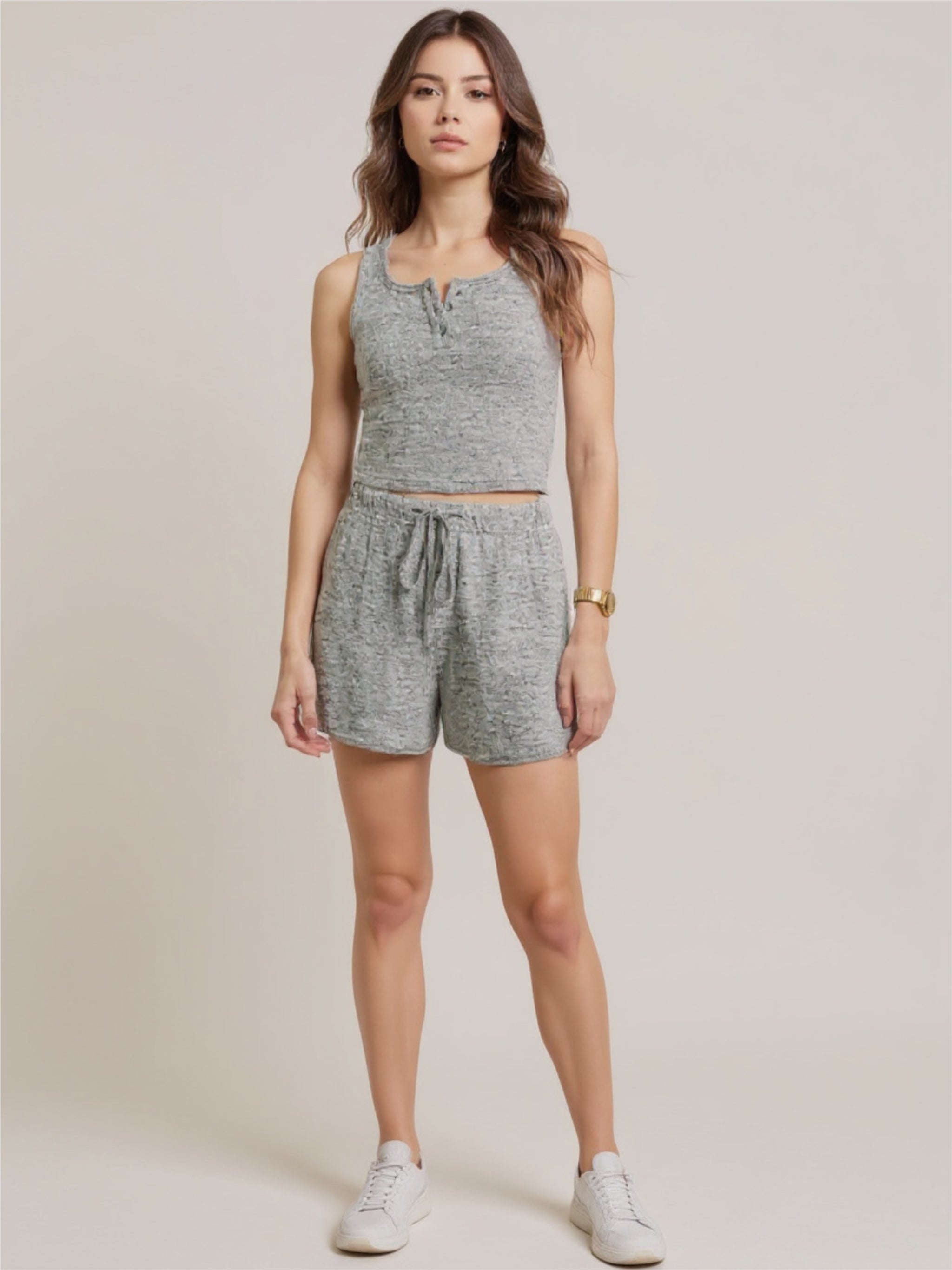 Gray Quarter Button Sleeveless Top & Drawstring Shorts Lounge Set