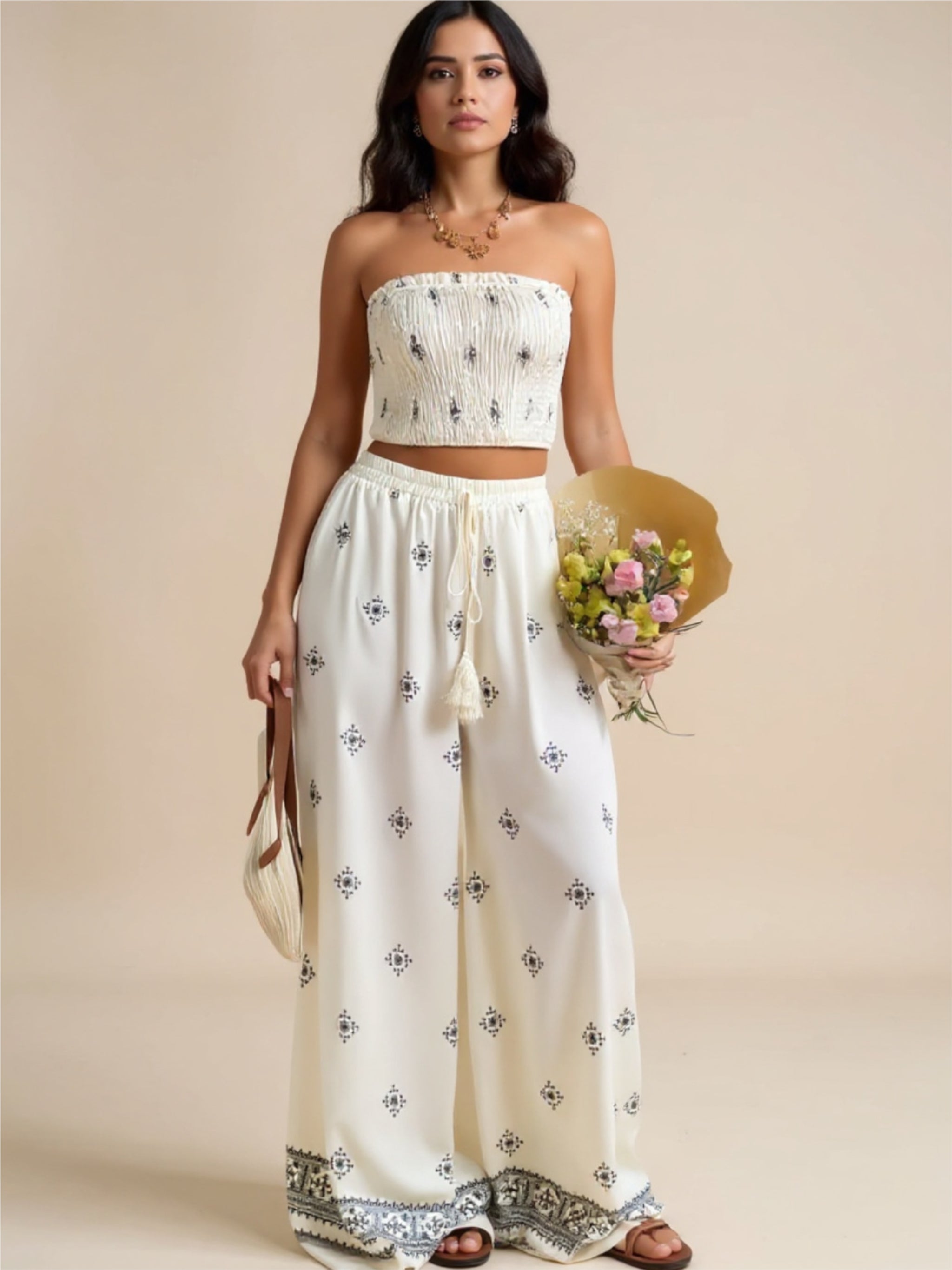 Cream Smocked Tube Top & Pants Set