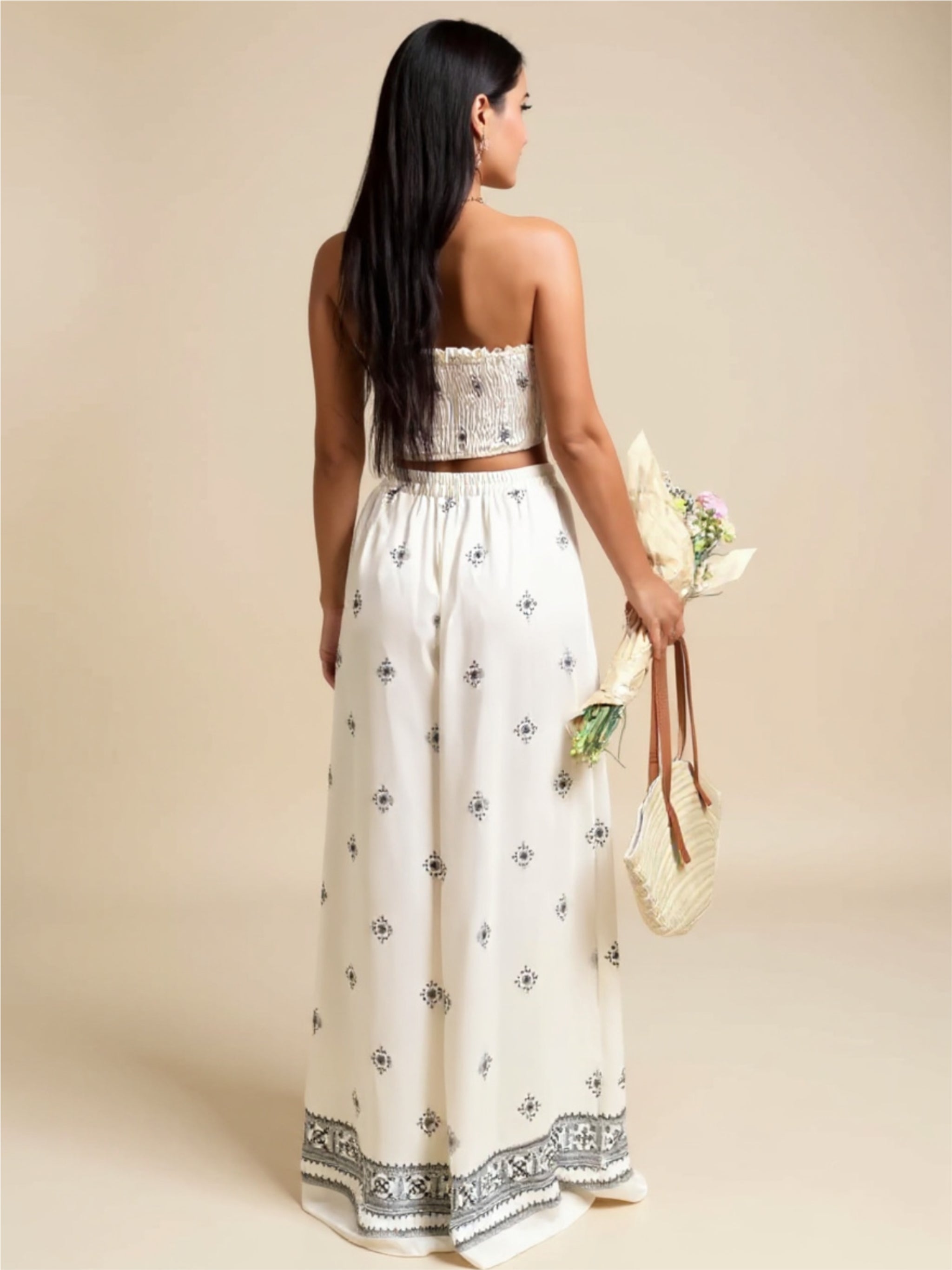 Cream Smocked Tube Top & Pants Set