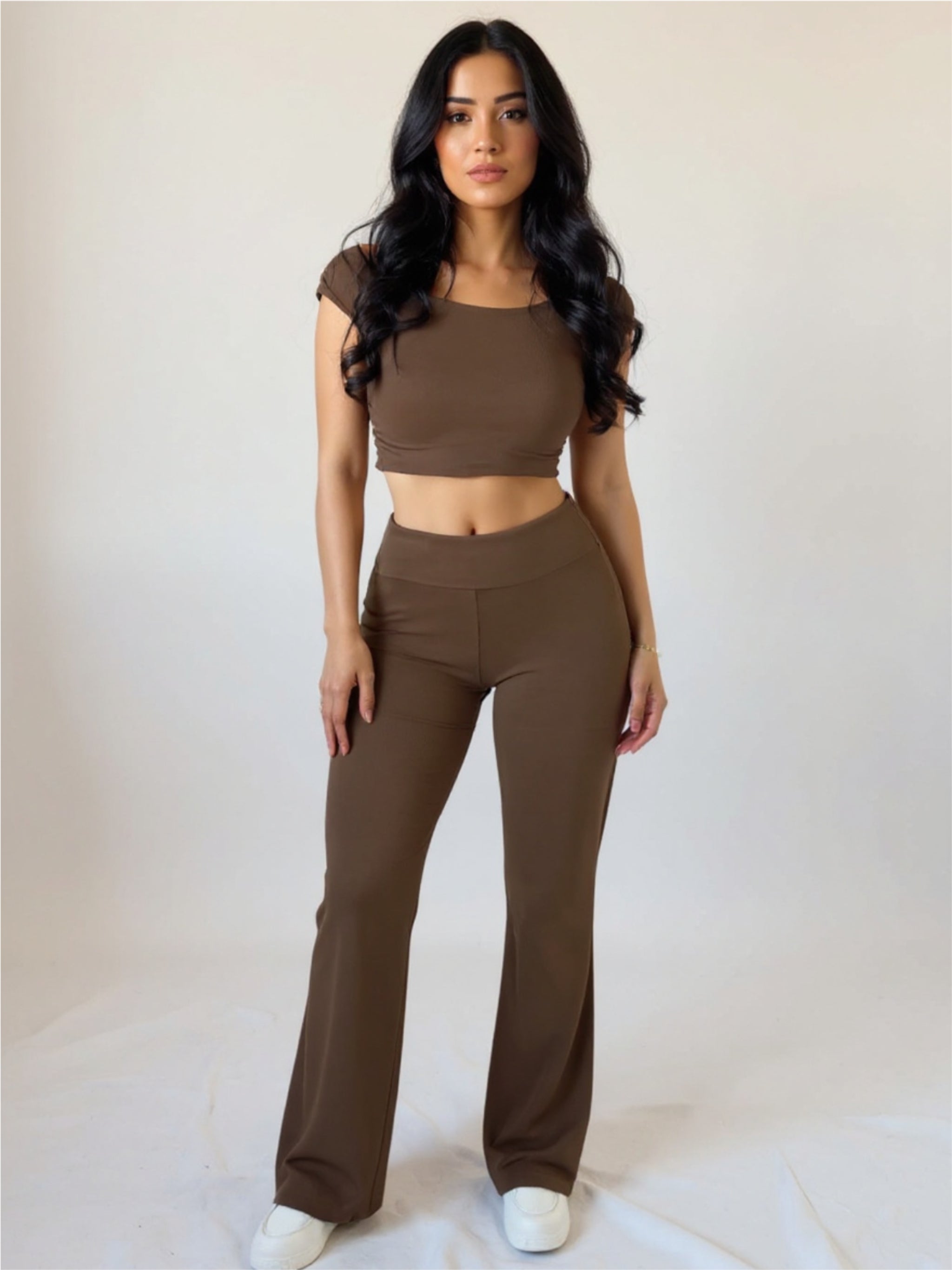 Brown Boat Neck Cap Sleeve Top & Pants Set