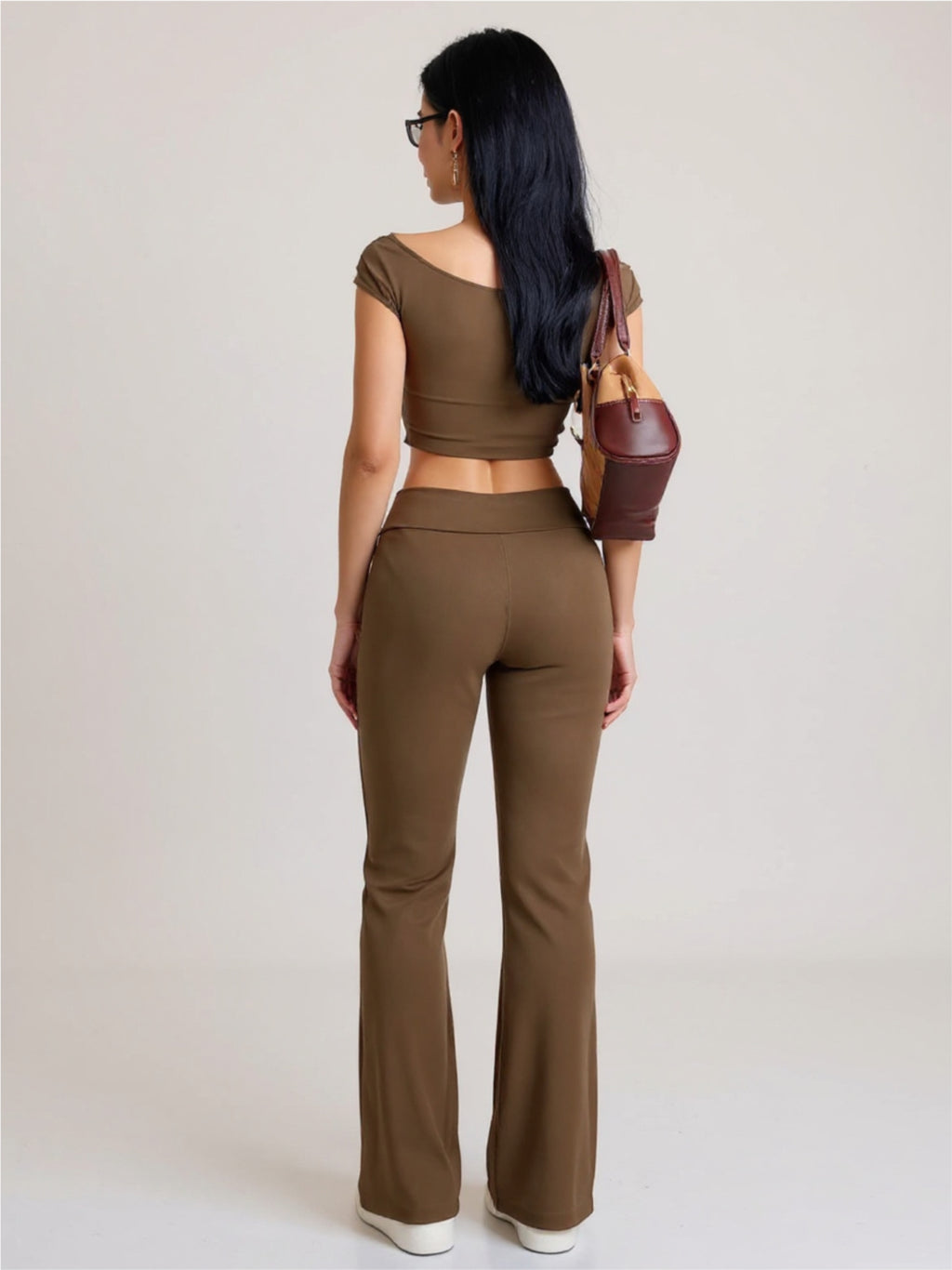 Brown Boat Neck Cap Sleeve Top & Pants Set
