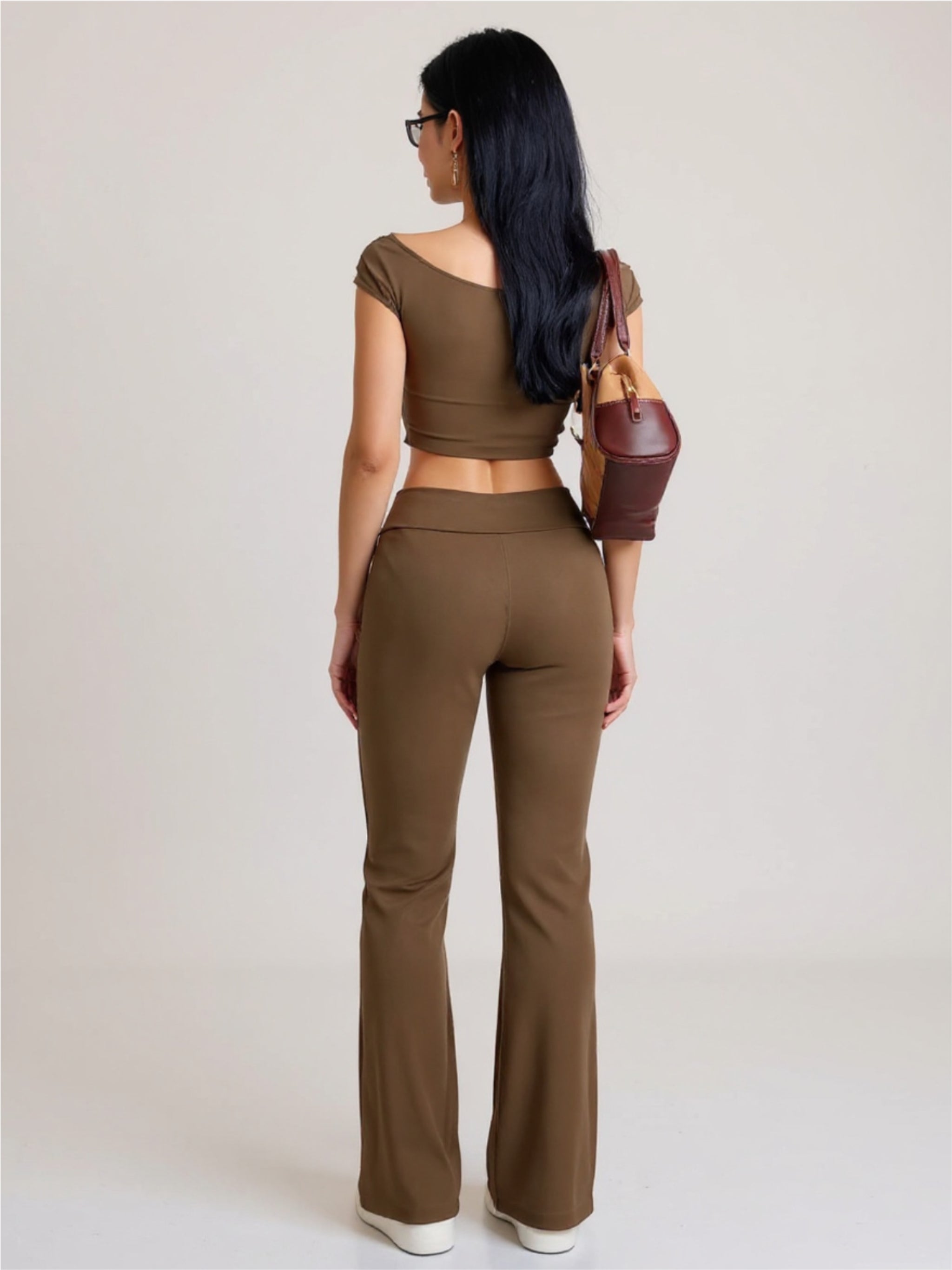 Brown Boat Neck Cap Sleeve Top & Pants Set