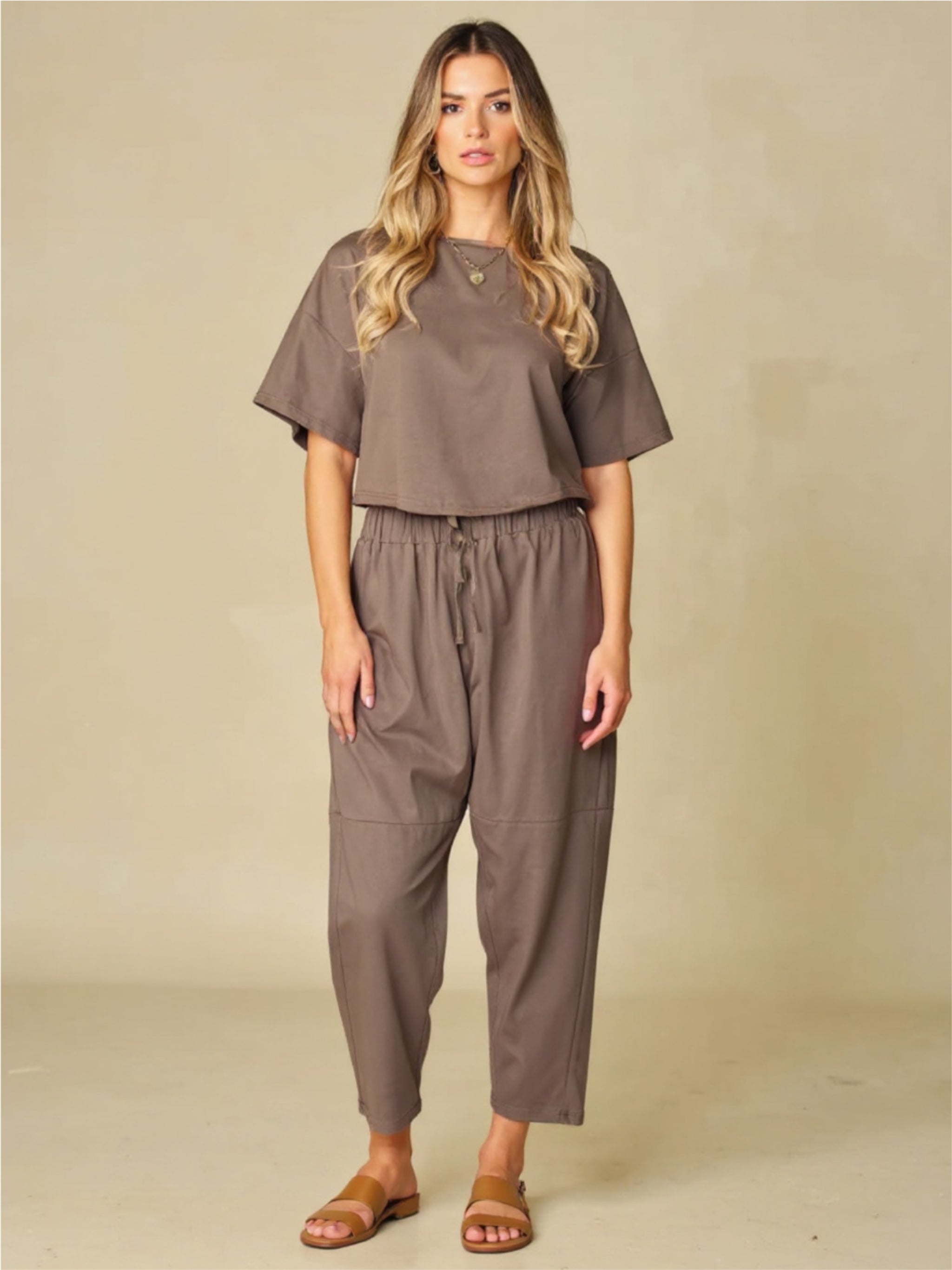 Brown Round Neck Dropped Shoulder Top & Pants Set