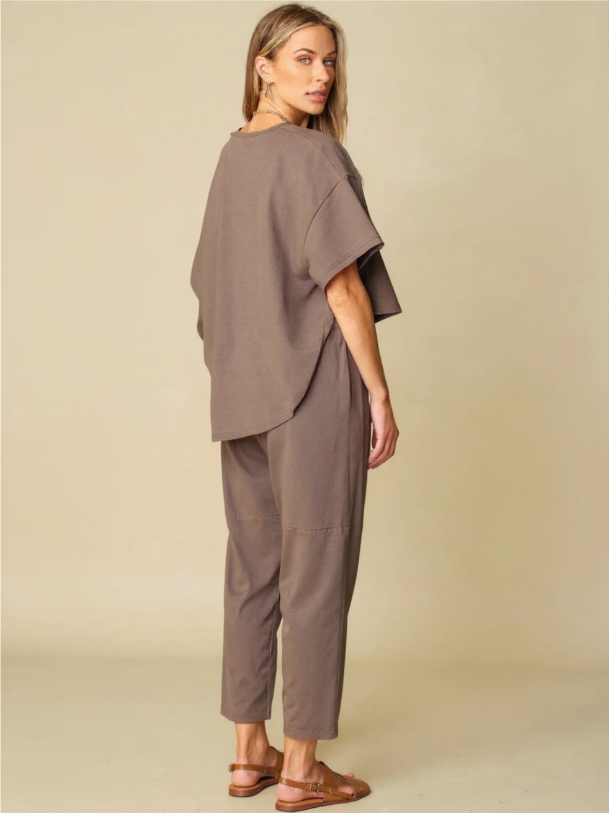 Brown Round Neck Dropped Shoulder Top & Pants Set