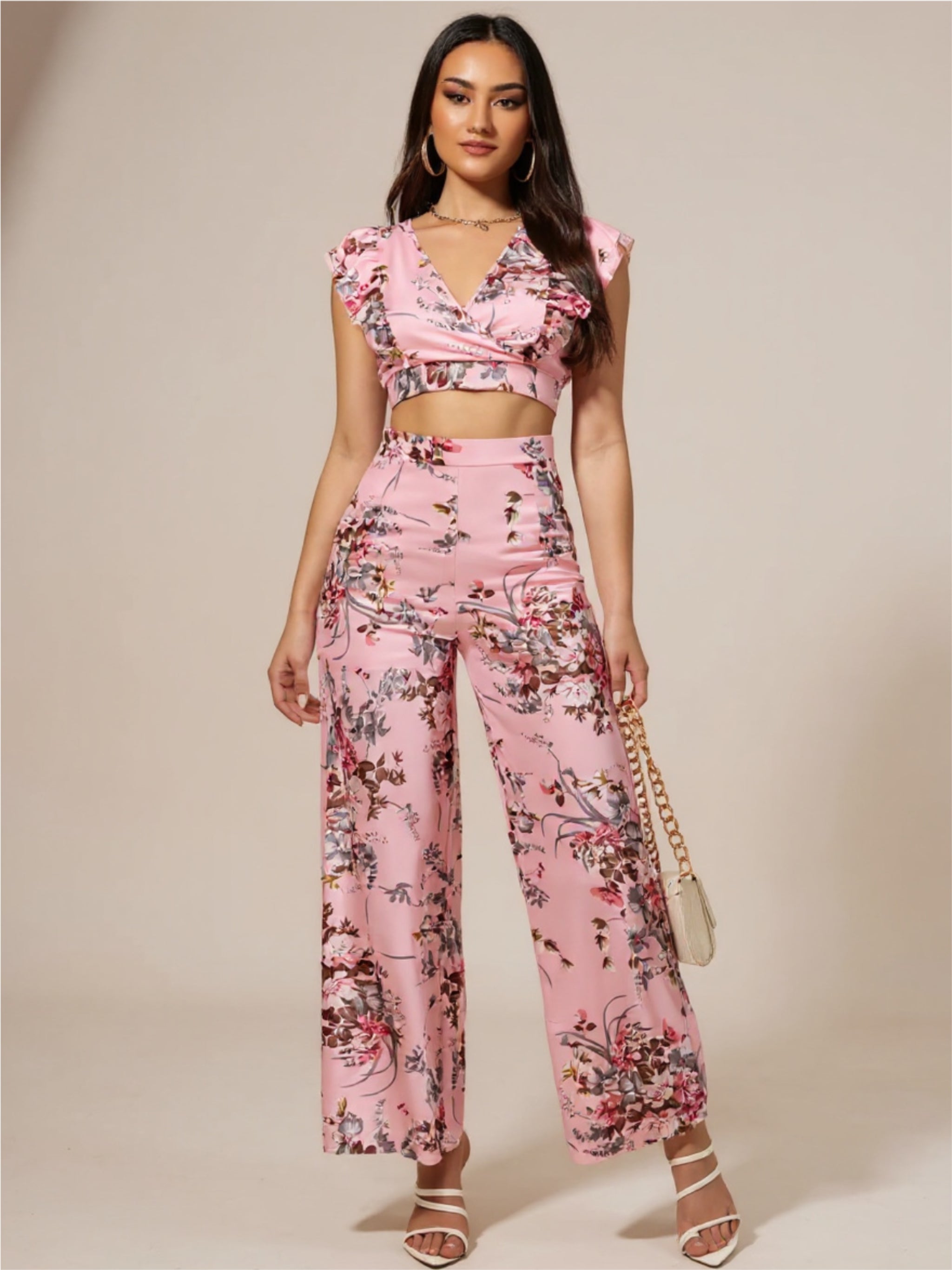 Pink Floral Printed Surplice Cap Sleeve Top & Pants Set