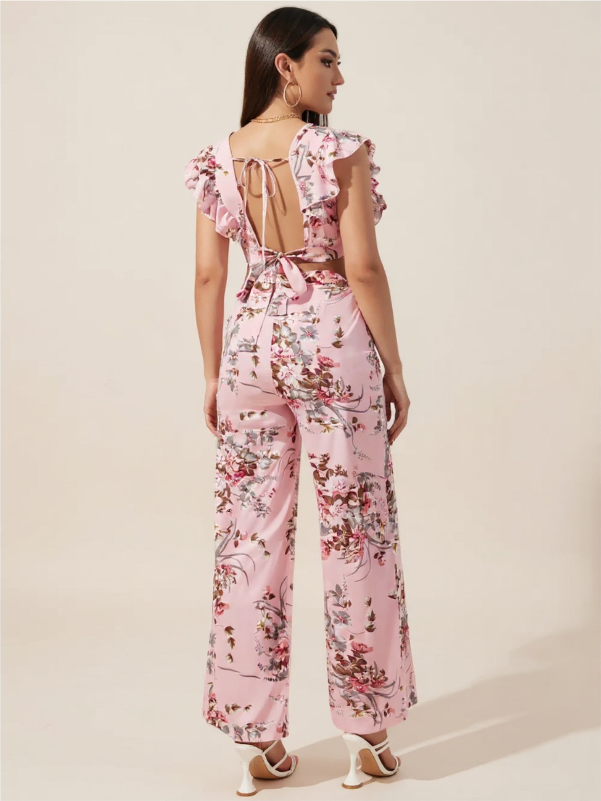 Pink Floral Printed Surplice Cap Sleeve Top & Pants Set