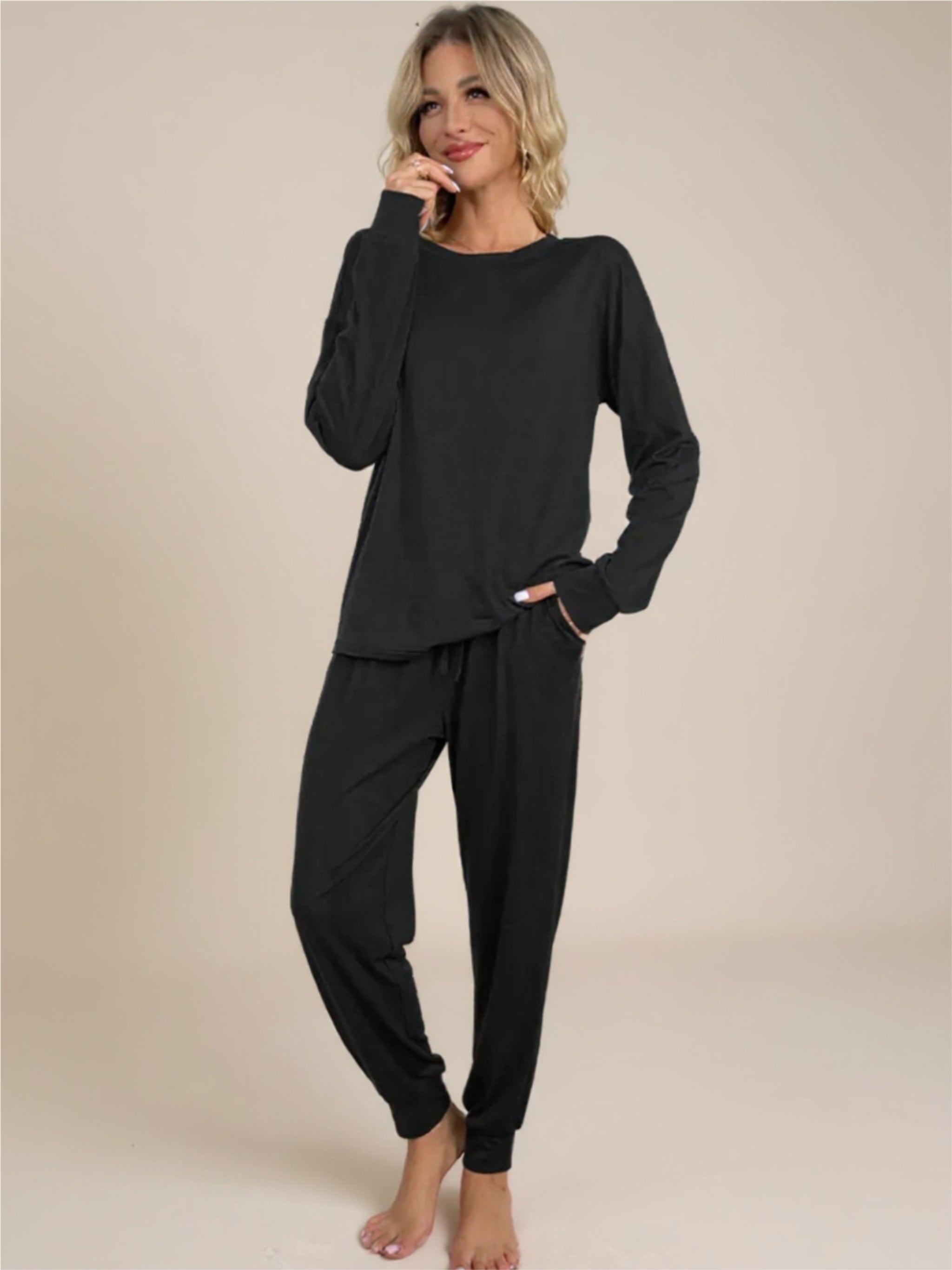 Black Round Neck Top & Drawstring Pants Lounge Set