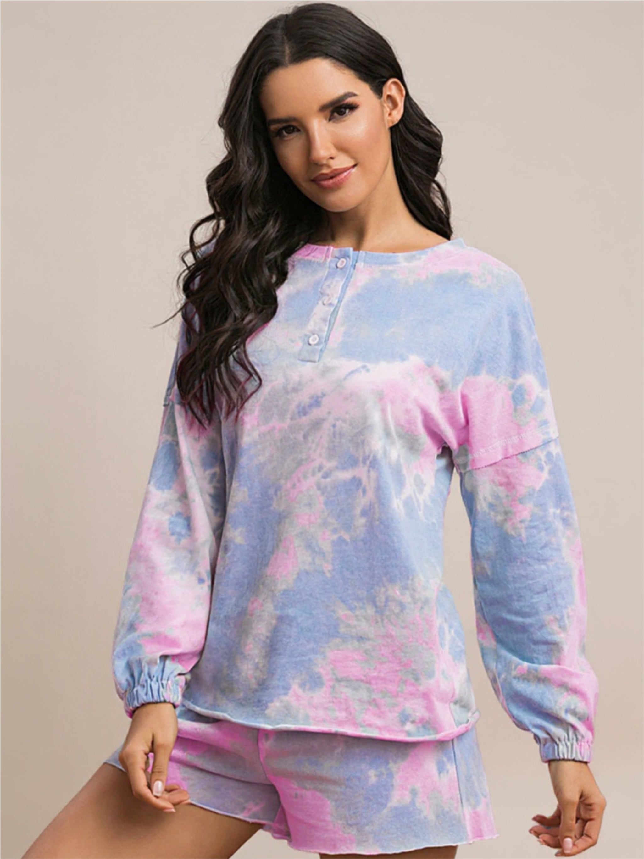 Pink & Blue Tie-Dye Long Sleeve Top & Shorts Lounge Set
