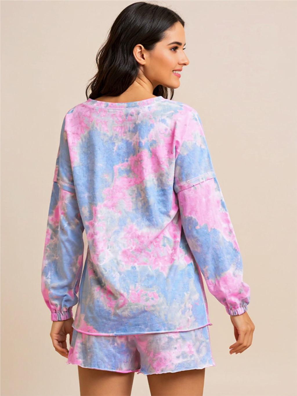 Pink & Blue Tie-Dye Long Sleeve Top & Shorts Lounge Set