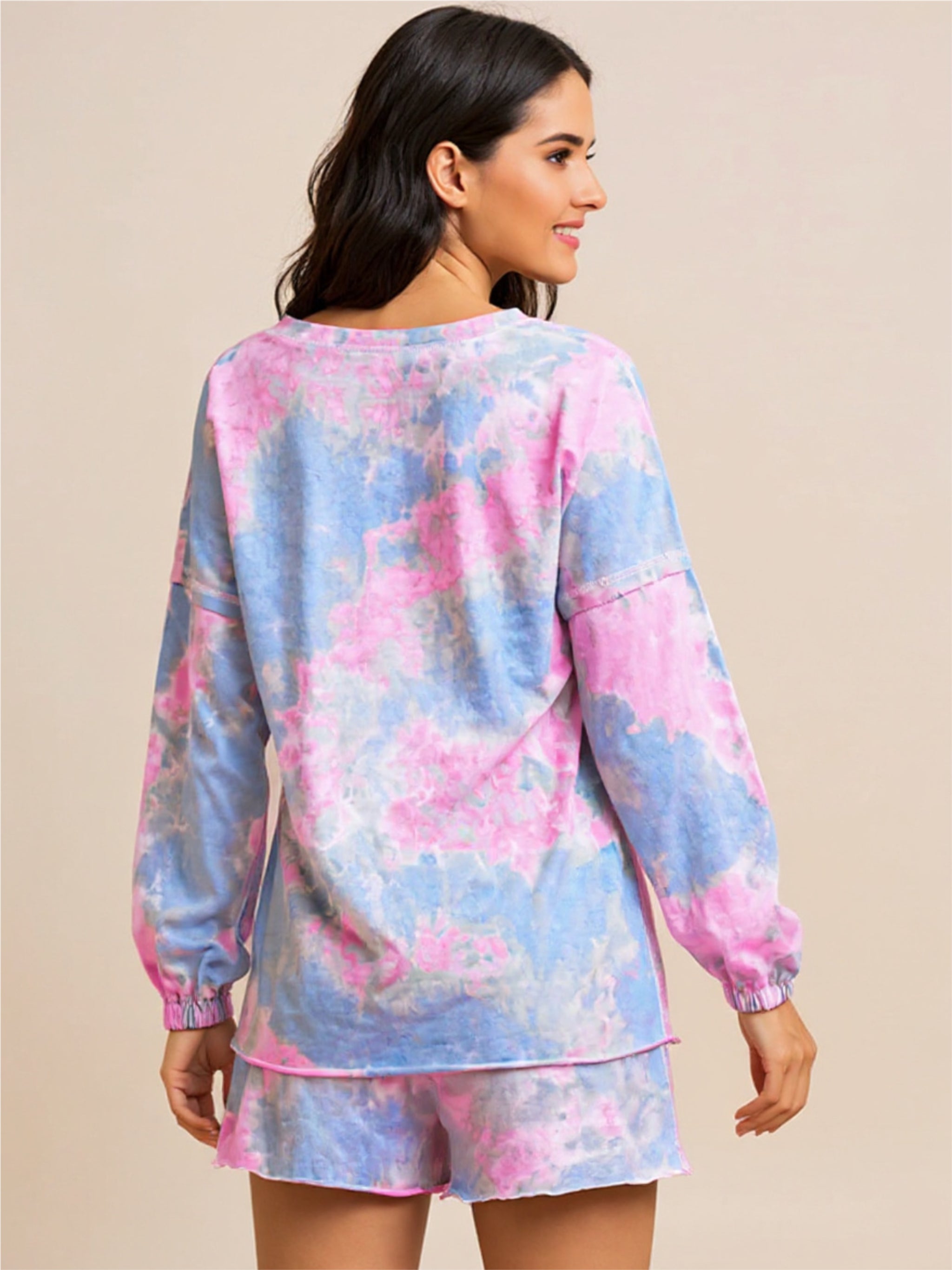 Pink & Blue Tie-Dye Long Sleeve Top & Shorts Lounge Set